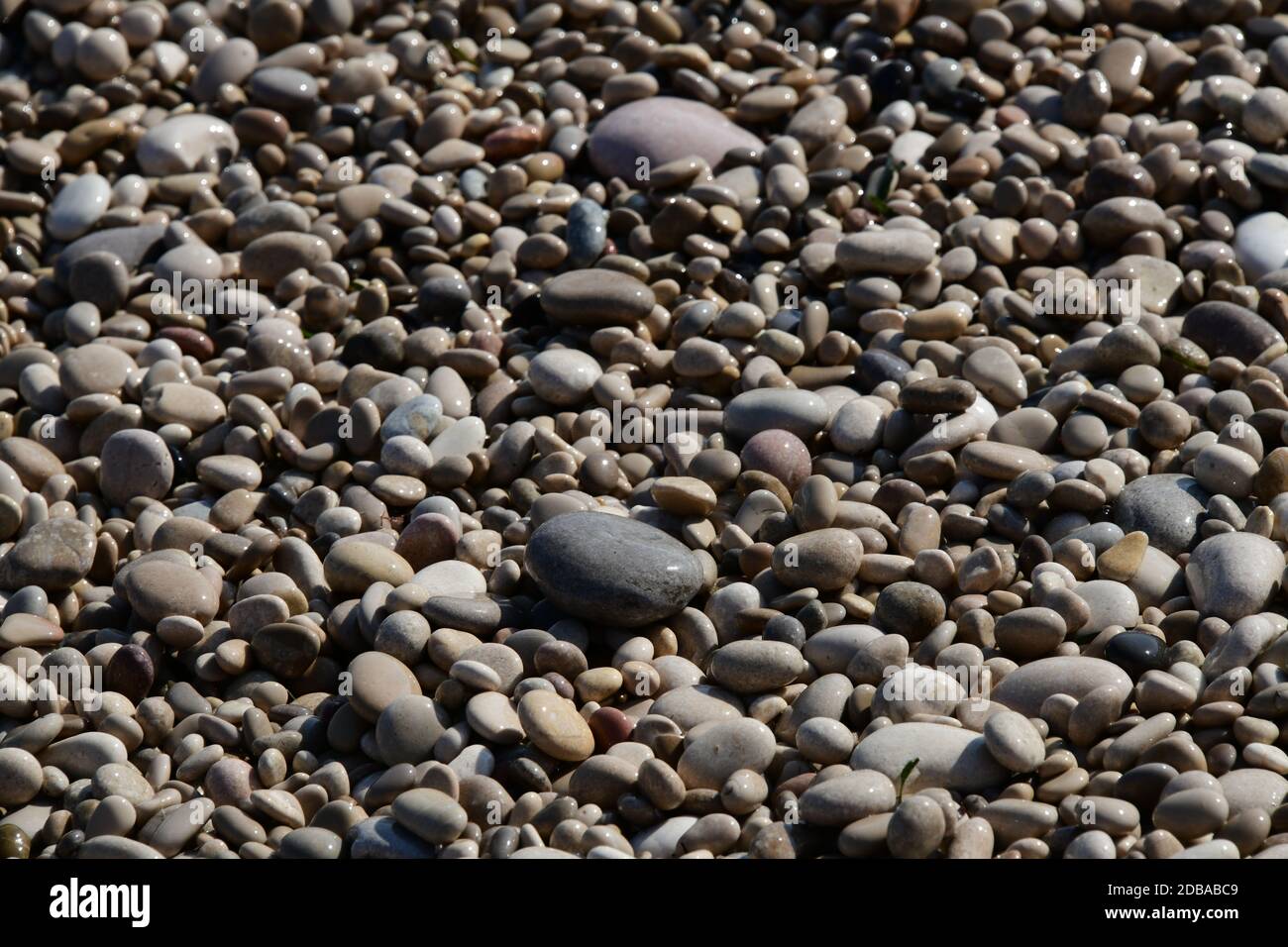 Pietre grandi, piccole, rotonde sulla spiaggia mediterranea in provincia di Alicante, Spagna Foto Stock
