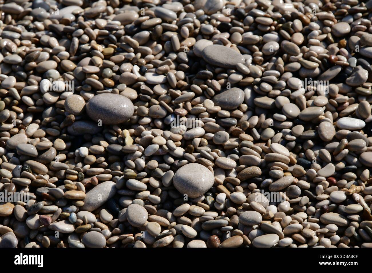 Pietre grandi, piccole, rotonde sulla spiaggia mediterranea in provincia di Alicante, Spagna Foto Stock