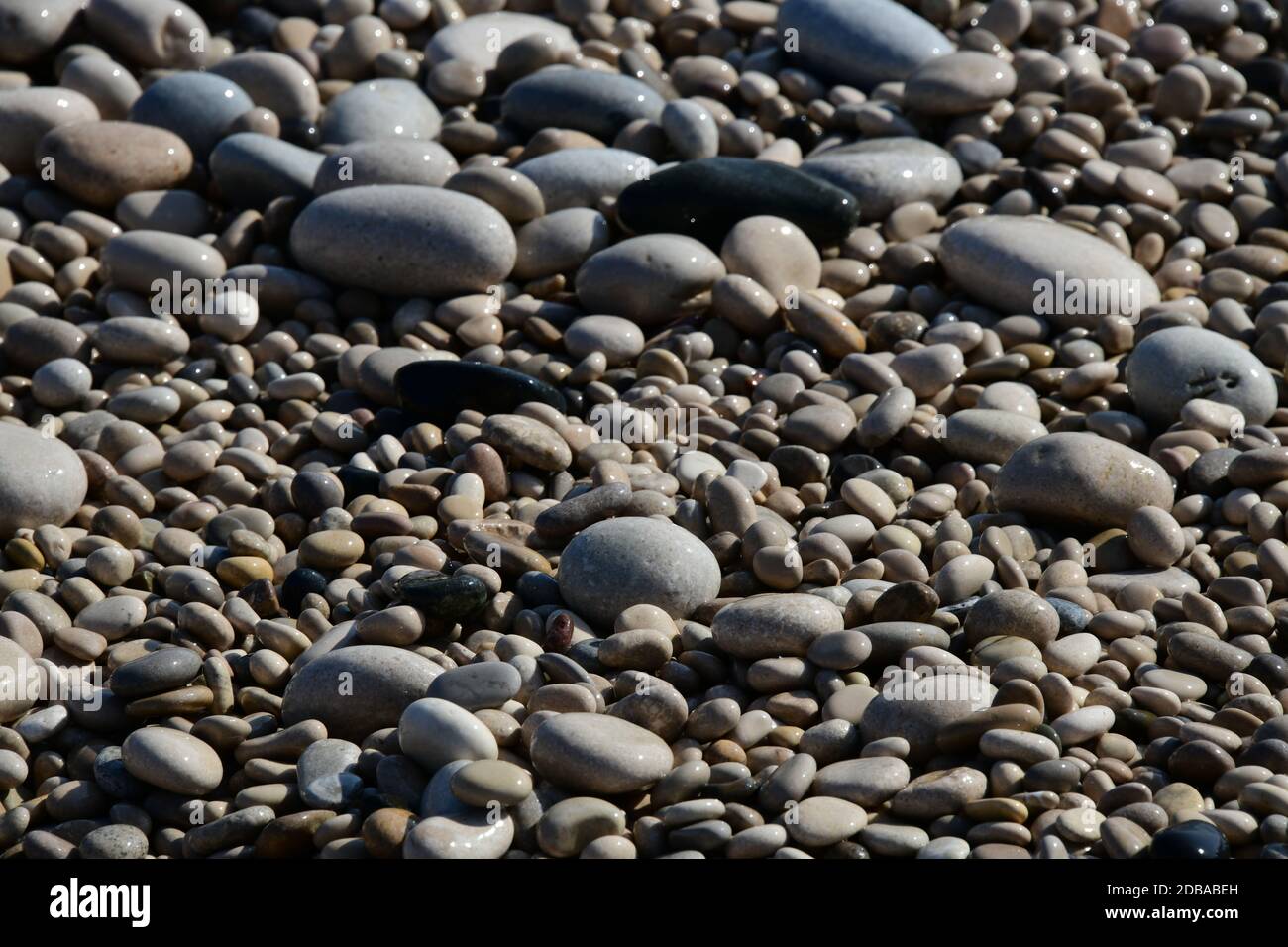 Pietre grandi, piccole, rotonde sulla spiaggia mediterranea in provincia di Alicante, Spagna Foto Stock