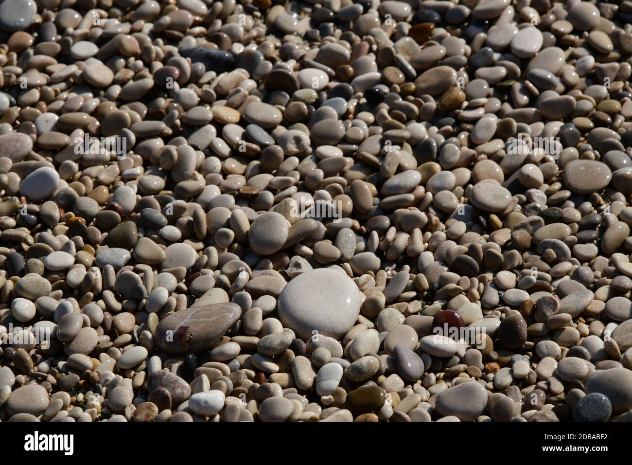 Pietre grandi, piccole, rotonde sulla spiaggia mediterranea in provincia di Alicante, Spagna Foto Stock