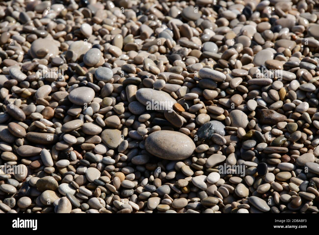 Pietre grandi, piccole, rotonde sulla spiaggia mediterranea in provincia di Alicante, Spagna Foto Stock