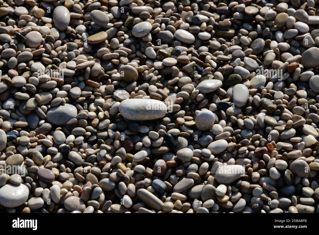 Pietre grandi, piccole, rotonde sulla spiaggia mediterranea in provincia di Alicante, Spagna Foto Stock