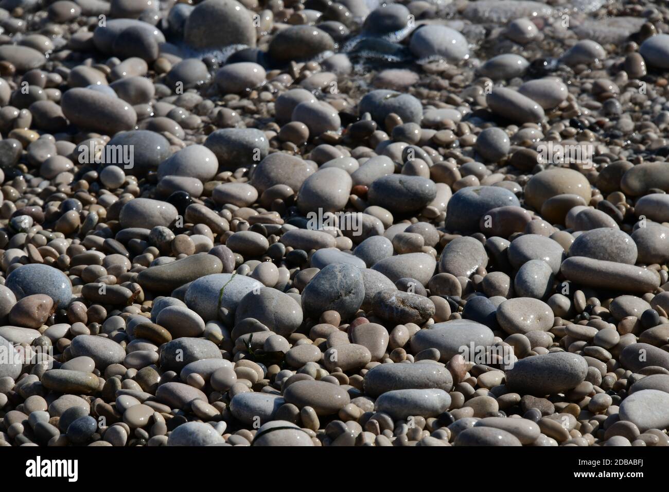 Pietre grandi, piccole, rotonde sulla spiaggia mediterranea in provincia di Alicante, Spagna Foto Stock