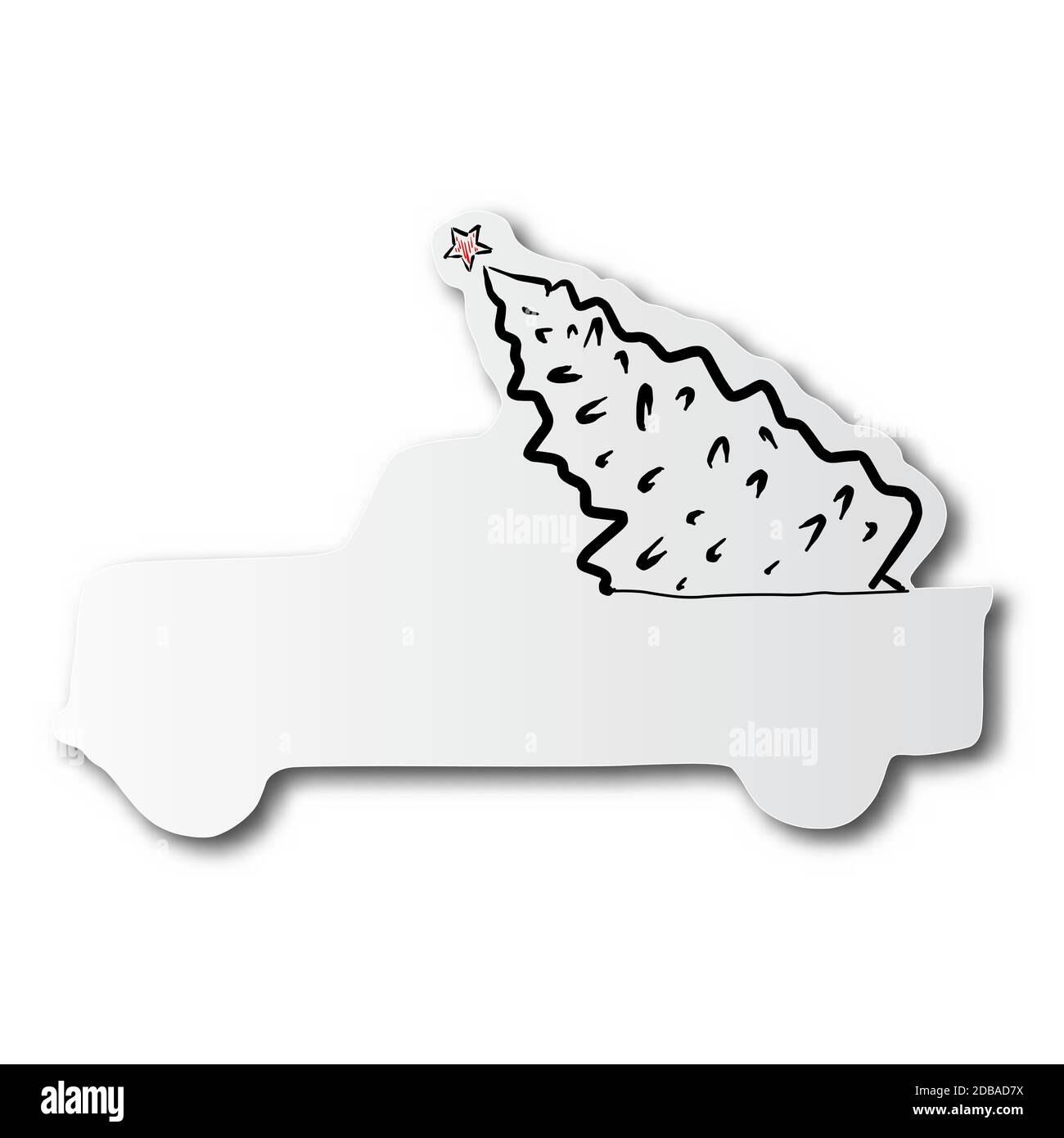 Linea nera disegnata a mano di albero di Natale su taglio camion carta con ombra isolata su sfondo bianco Illustrazione Vettoriale