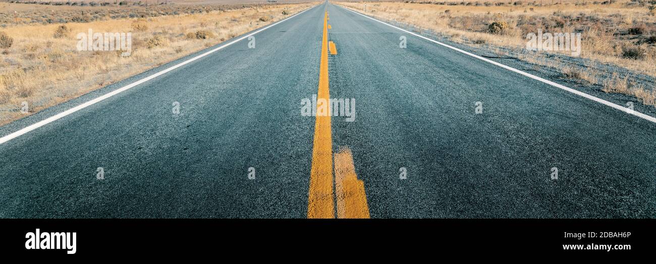 Lunga strada dritta attraverso il deserto, strada vuota che conduce all'orizzonte, due corsie percorso asfaltato Foto Stock