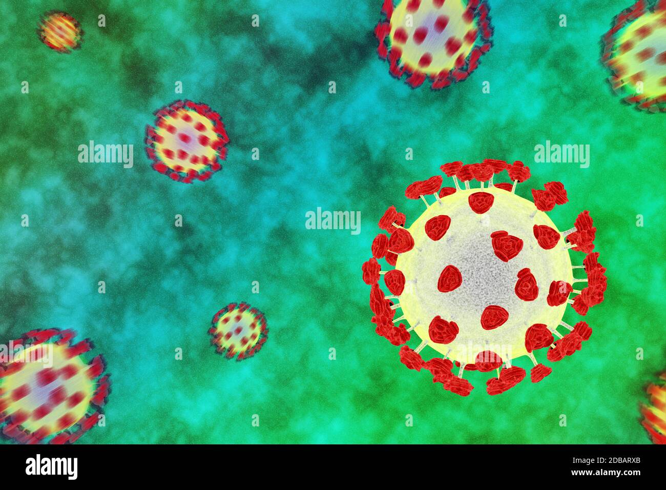 Immagine concettuale con molti virus per la pandemia della malattia di coronavirus 2019 (covid-19) Foto Stock