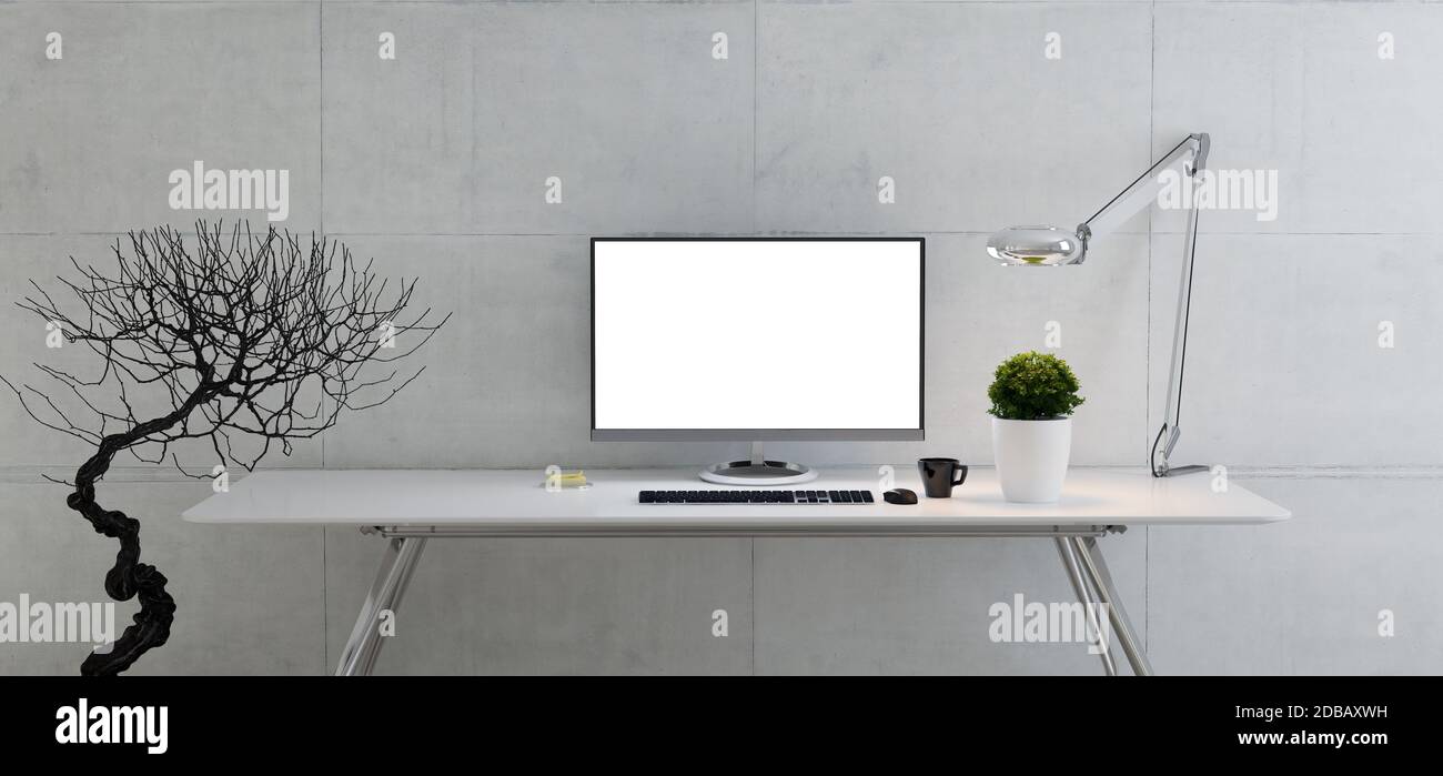 Monitor per computer su tavolo da ufficio con impianto, lampada da tavolo,  tazza da caffè e parete in cemento realistiche rendering 3D Foto stock -  Alamy