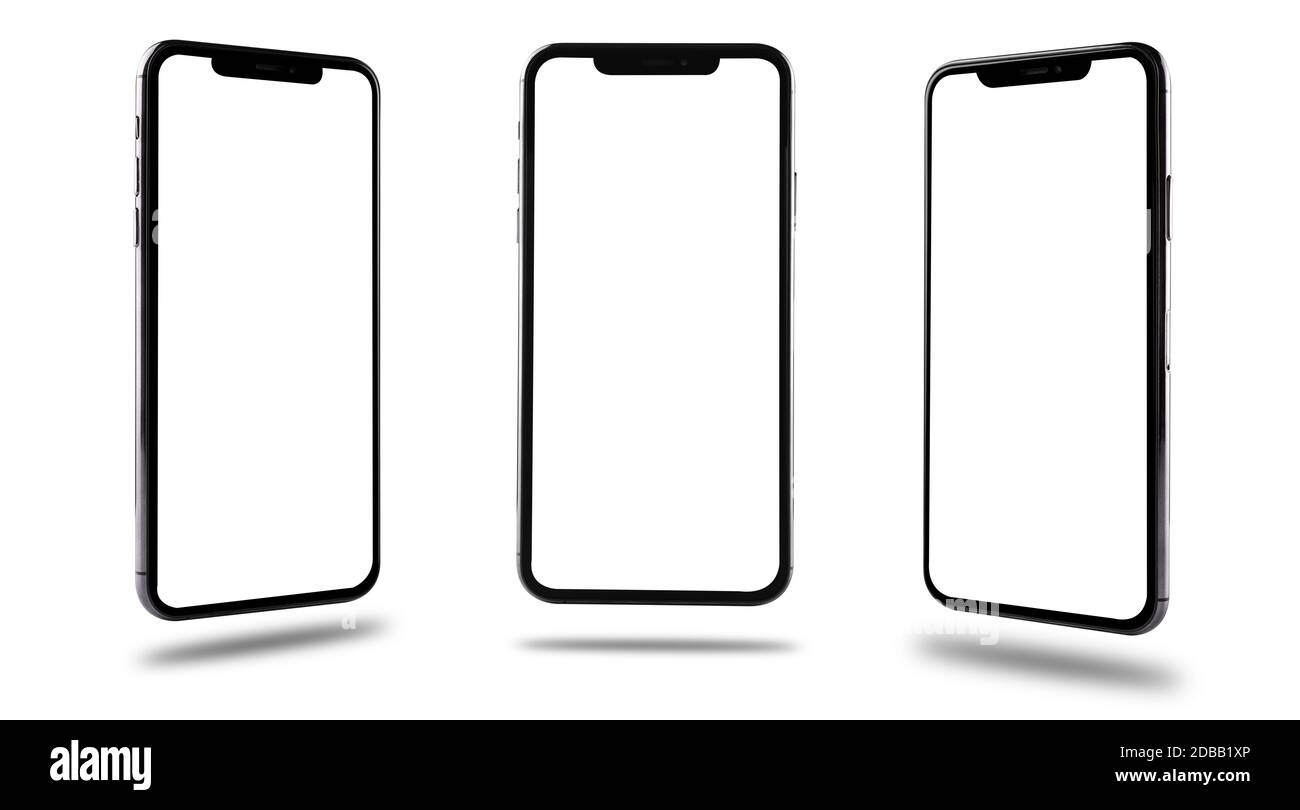 Closeup moderno nero digitale smartphone mobile mockup schermo vuoto tre posizioni fronte e lato isolato su sfondo bianco, senza clipping path Foto Stock