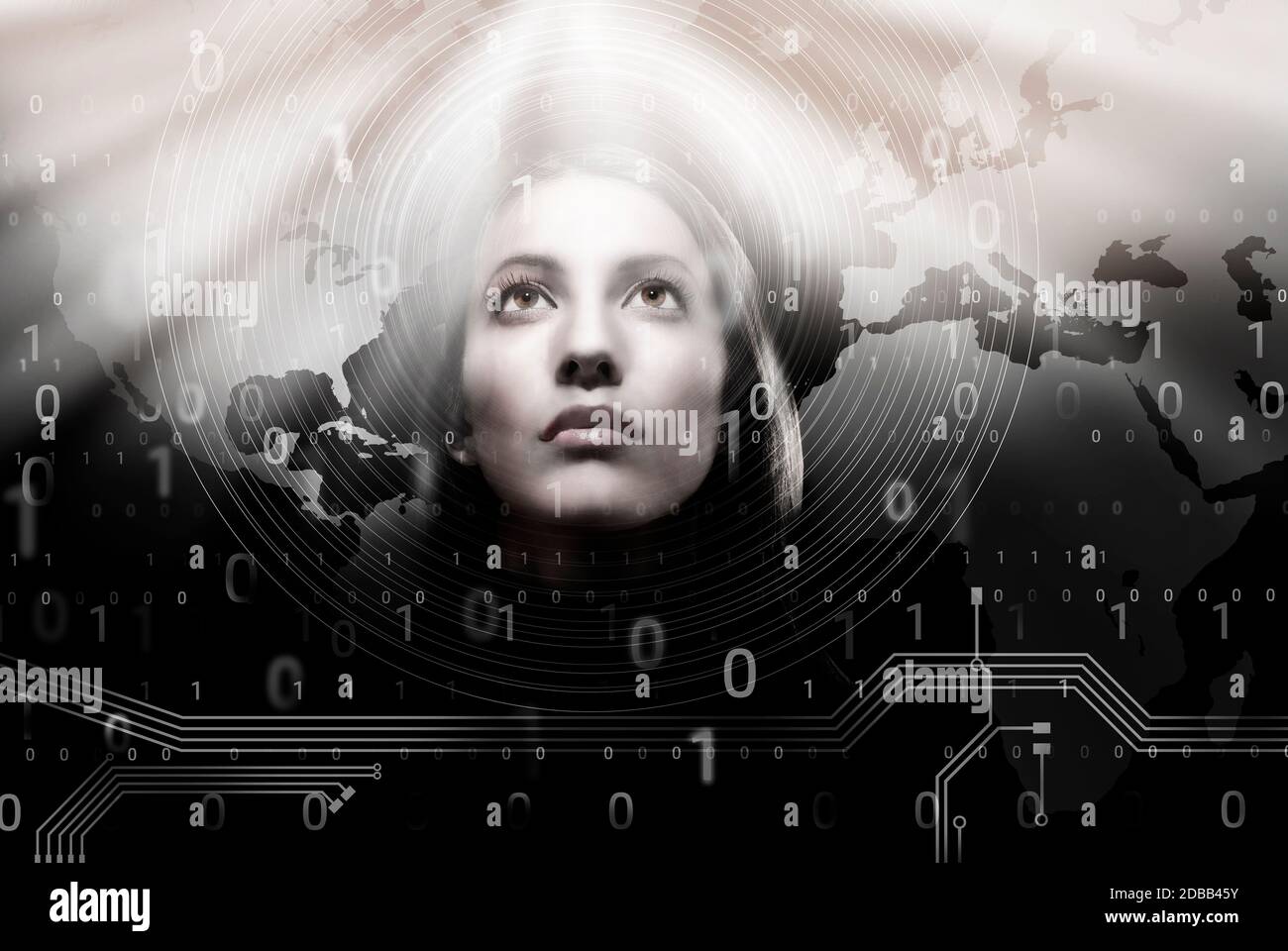 Studio di donna sopra mappa del mondo Foto Stock