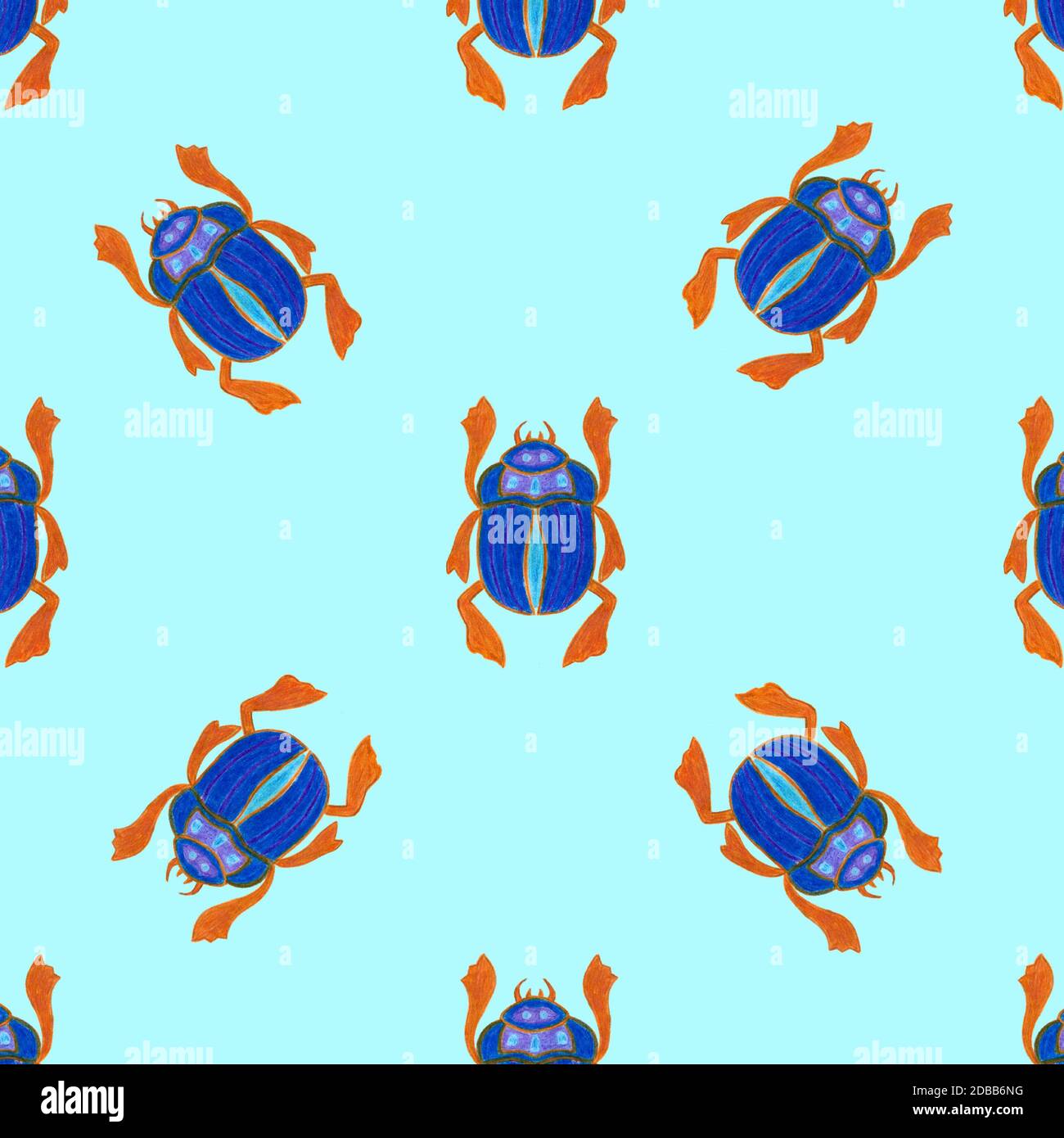 Scarabeo isolato su sfondo blu. Modello senza cuciture con insetto Bug, Beetles. Design per avvolgere carta, copertina, biglietto d'auguri, carta da parati, tessuto. Foto Stock