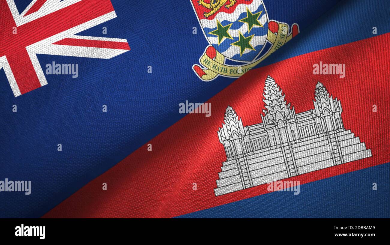 Isole Cayman e Cambogia due bandiere tessuto tessuto, tessuto Foto Stock