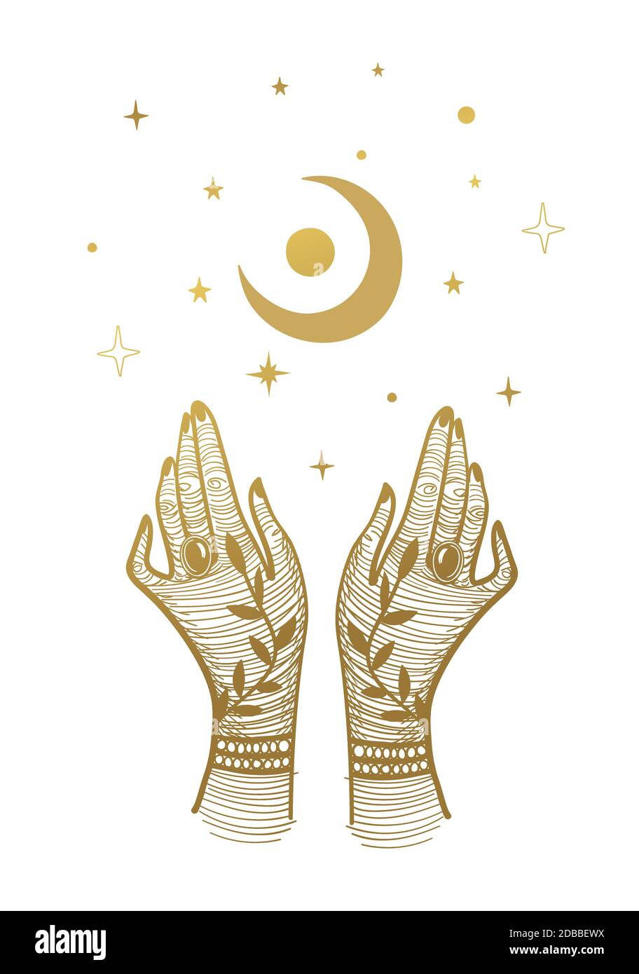 Le mani delle donne con tatuaggi e una luna crescente. Illustrazione magica, disegno boho, tatuaggio, incisione, carte tarocchi. Disegno mistico dorato isolato su sfondo bianco con stelle Illustrazione Vettoriale