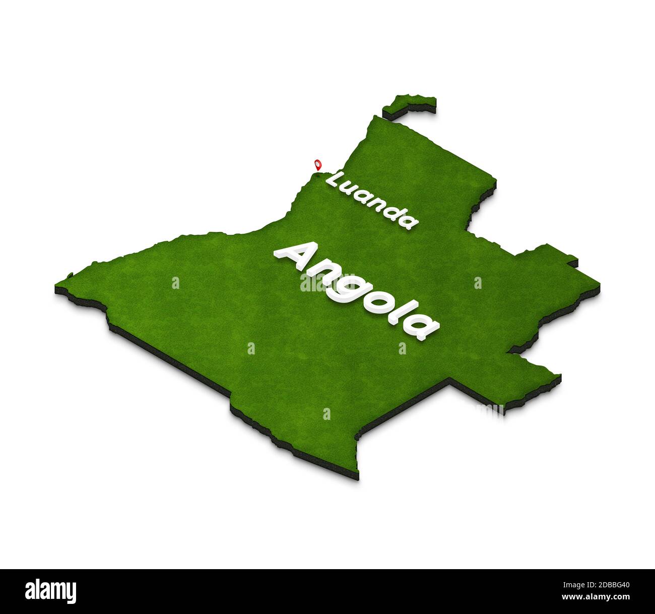 Illustrazione di una mappa verde dell'Angola su sfondo bianco isolato. Proiezione in prospettiva isometrica 3D sinistra con il nome del paese e il capit Foto Stock