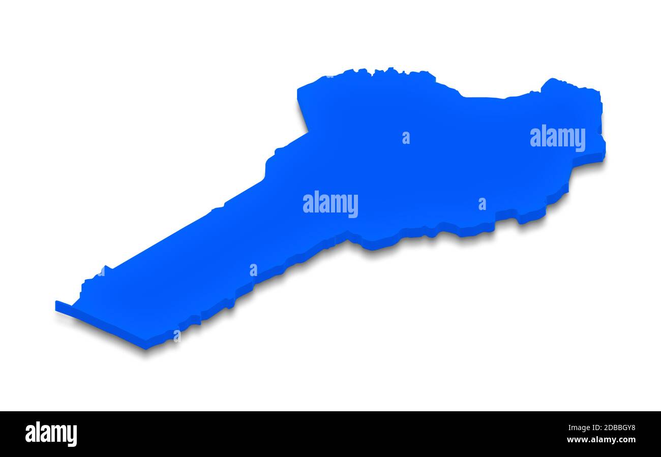 Illustrazione di una mappa blu del Benin su sfondo bianco isolato. Proiezione in prospettiva isometrica 3D sinistra. Foto Stock