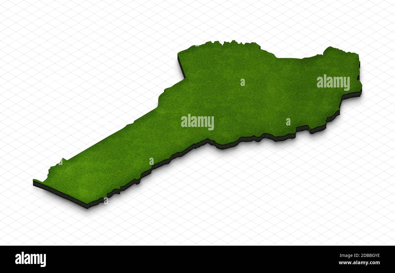 Illustrazione di una mappa verde del Benin sullo sfondo della griglia. Proiezione in prospettiva isometrica 3D sinistra. Foto Stock