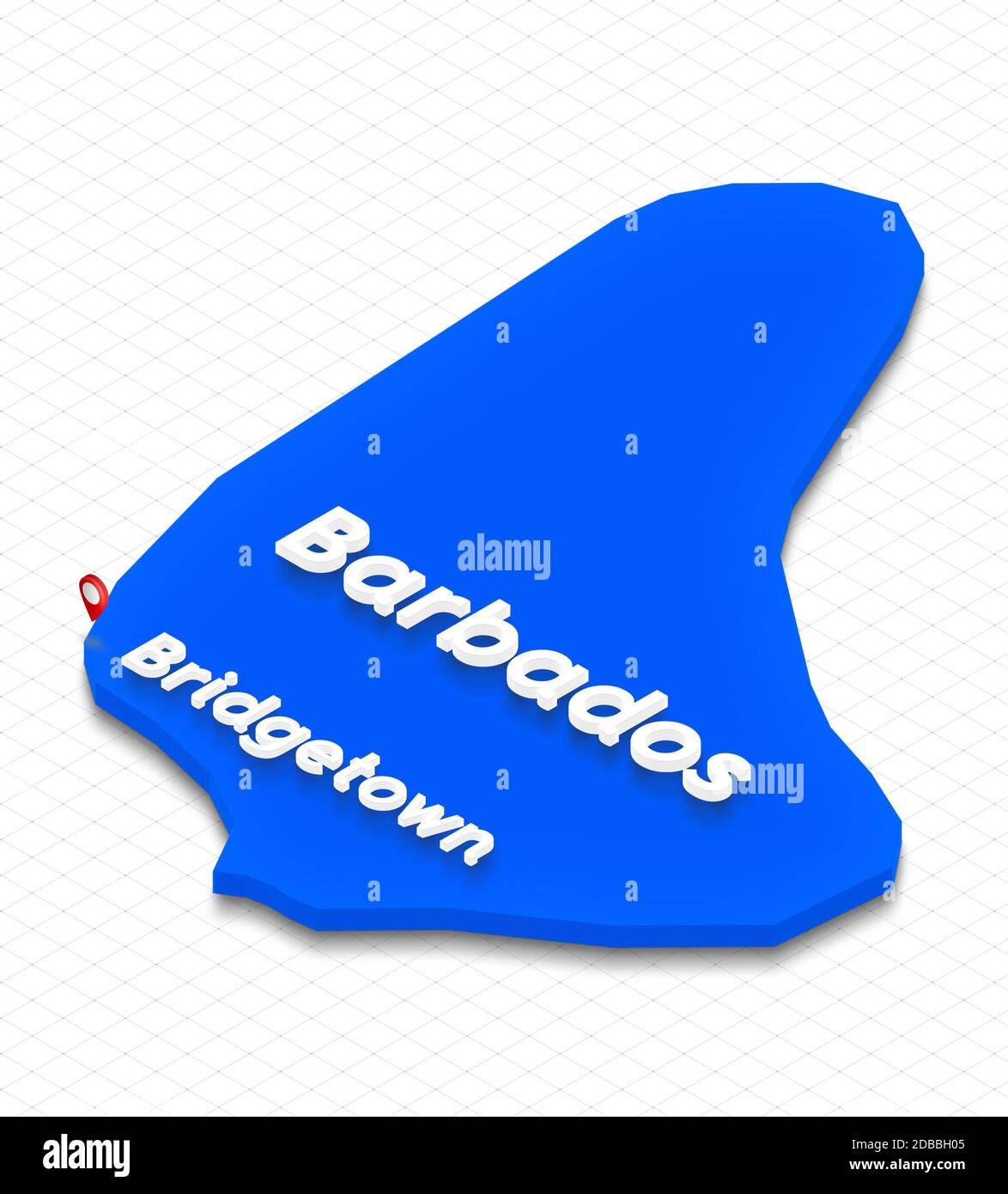 Illustrazione di una mappa blu di terra delle Barbados su sfondo griglia. Proiezione in prospettiva isometrica 3D sinistra con il nome del paese e della capitale Bridge Foto Stock