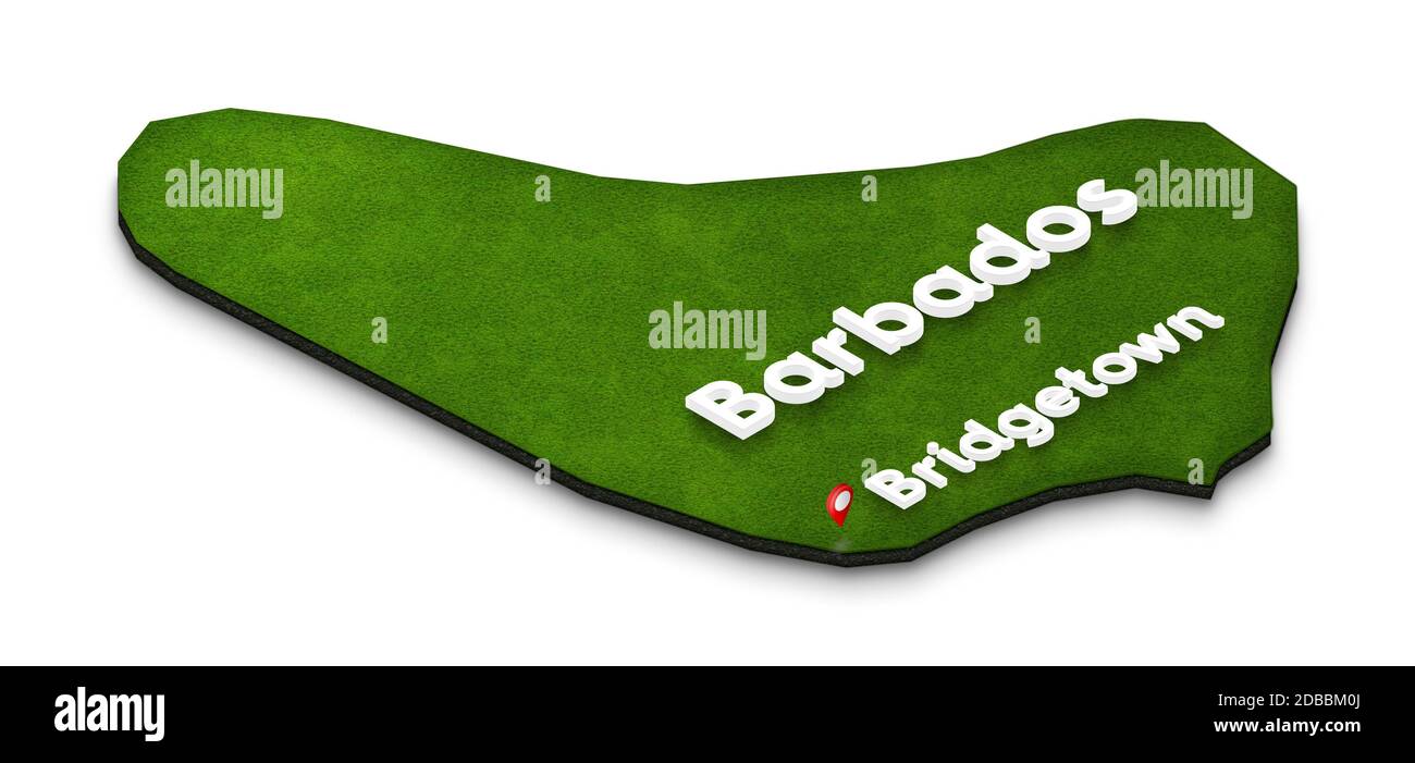 Illustrazione di una mappa blu delle Barbados su sfondo bianco isolato. Proiezione in prospettiva isometrica 3D destra con il nome del paese e del tappo Foto Stock