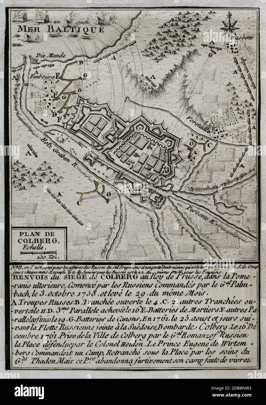 Guerra de los Siete Años. Sitio de Kolberg. La Pomerania Prusiana, actualmente denominada Kolobrzeg. Fué asediada en tres ocasiones por el ejército Russo. Los dos primeros asedios, del 3 de octubre al 29 de octubre de 1758 y del 26 de agosto al 18 de septiembre de 1760, no tuvieron éxito. El asedio final fué realizado con éxito entro l'agosto y dicembre de 1761. El 16 de diciembre de 1761 Kolberg fué tomada por el General Rumyantsev. Plano di Kolberg. Grabado publicado en 1765 por el cartógrafo Jean de Beaurain (1696-1771) como ilustración de su Gran mapa de A Foto Stock