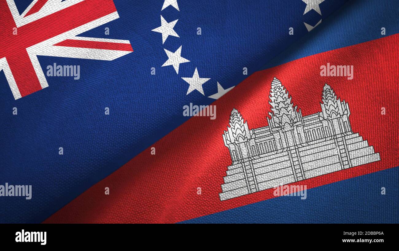 Cook Islands e Cambogia due bandiere tessuto tessuto, tessuto Foto Stock