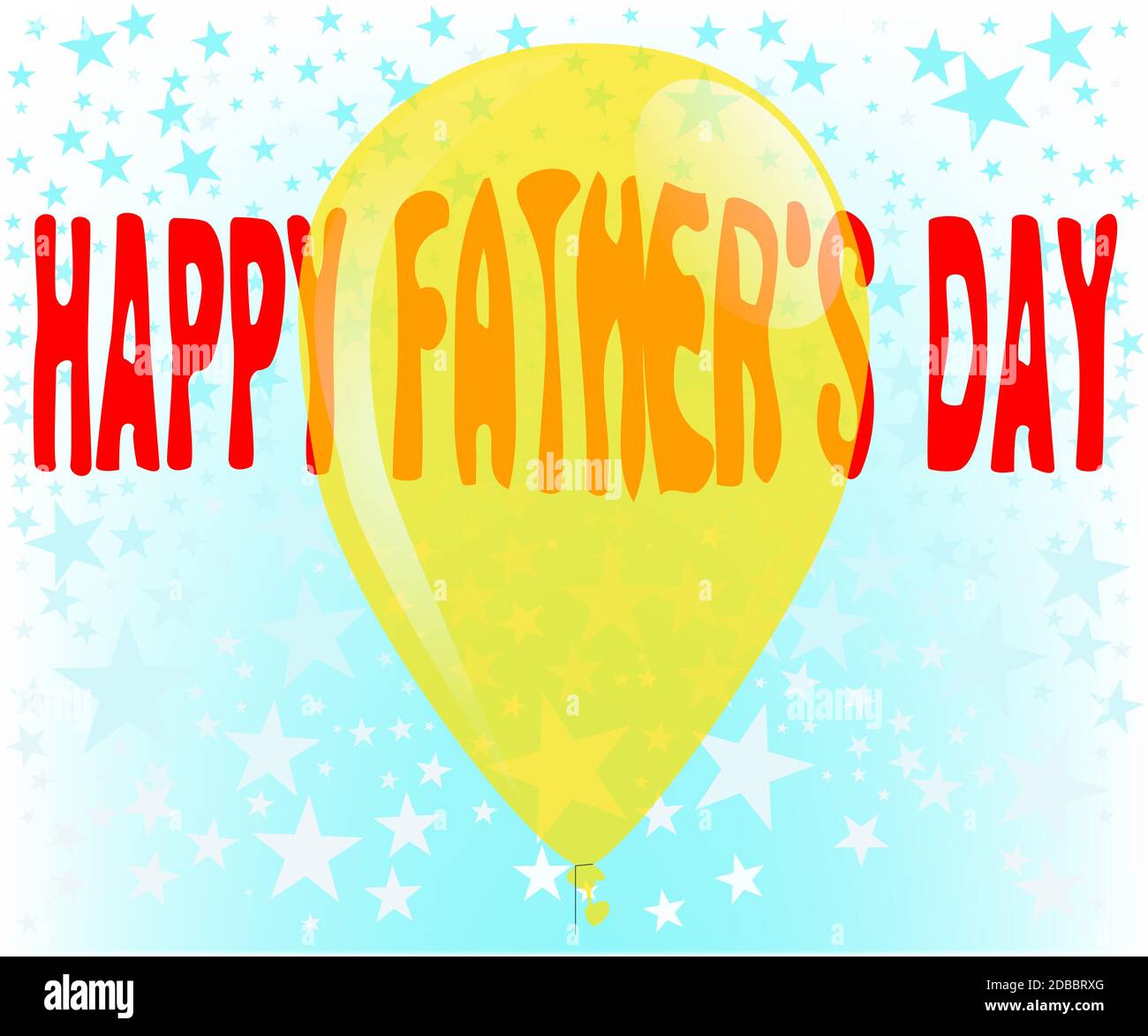 Un grande palloncino giallo con il testo originale 'Happy Feathers Day' distorto dal palloncino, il tutto con uno sfondo di stelle sbiadite. Foto Stock