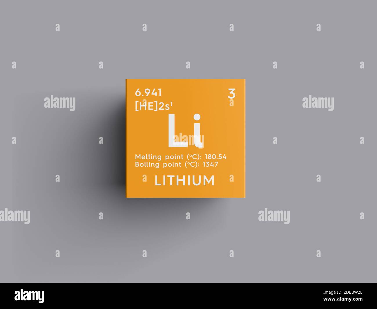 Litio. Metalli alcalini. Elemento chimico della tavola periodica di Mendeleev. Concetto creativo al litio in cubo quadrato. Illustrazione 3D. Foto Stock