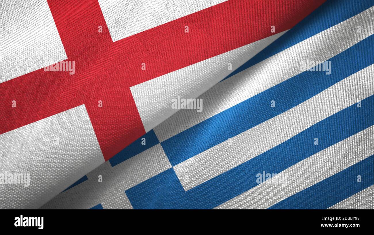 Inghilterra e Grecia due bandiere tessuto tessuto, tessuto Foto Stock