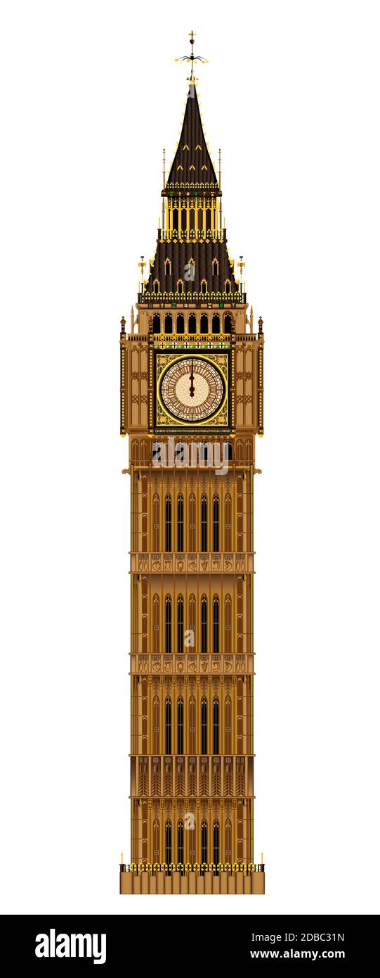 Il punto di riferimento londinese, il Big ben Clocktower isolato su un sfondo bianco Foto Stock