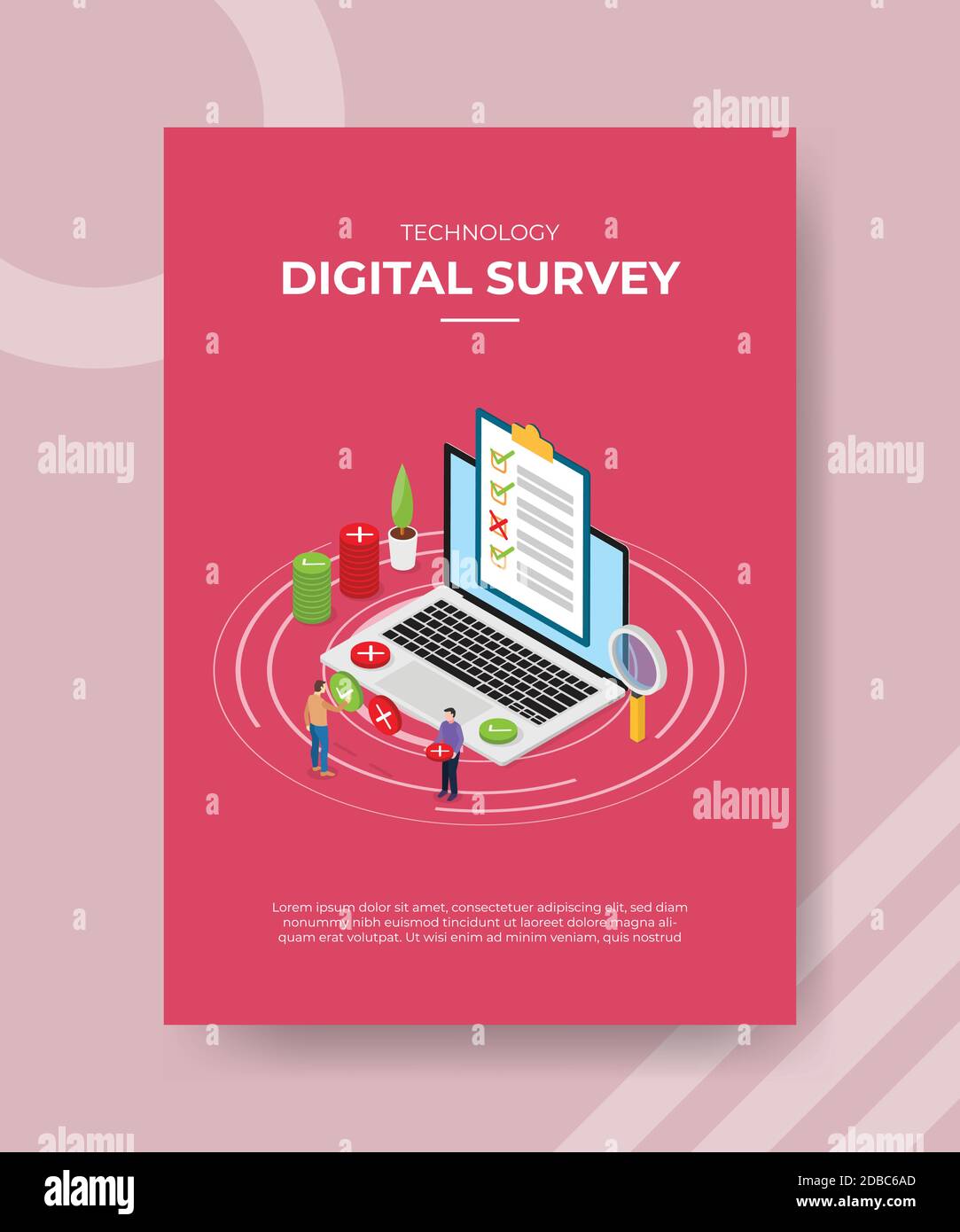 Sondaggio digitale le persone compilano l'elenco di controllo sul notebook per il modello di banner e volantino per la stampa di copertine e poster con stile cartoon piatto Illustrazione Vettoriale