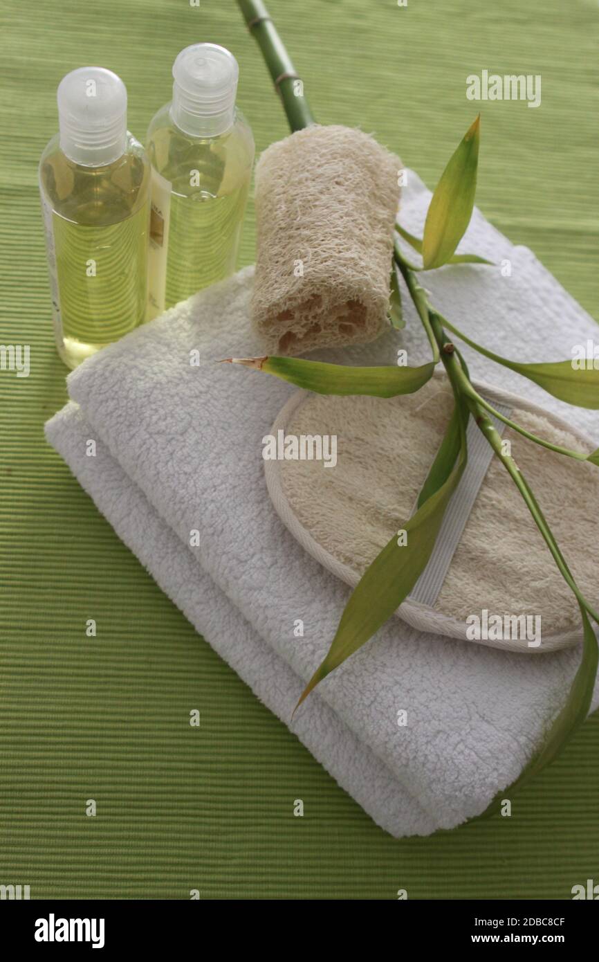 Sfondo: Prodotti freschi e verdi per il benessere e la bellezza Foto Stock