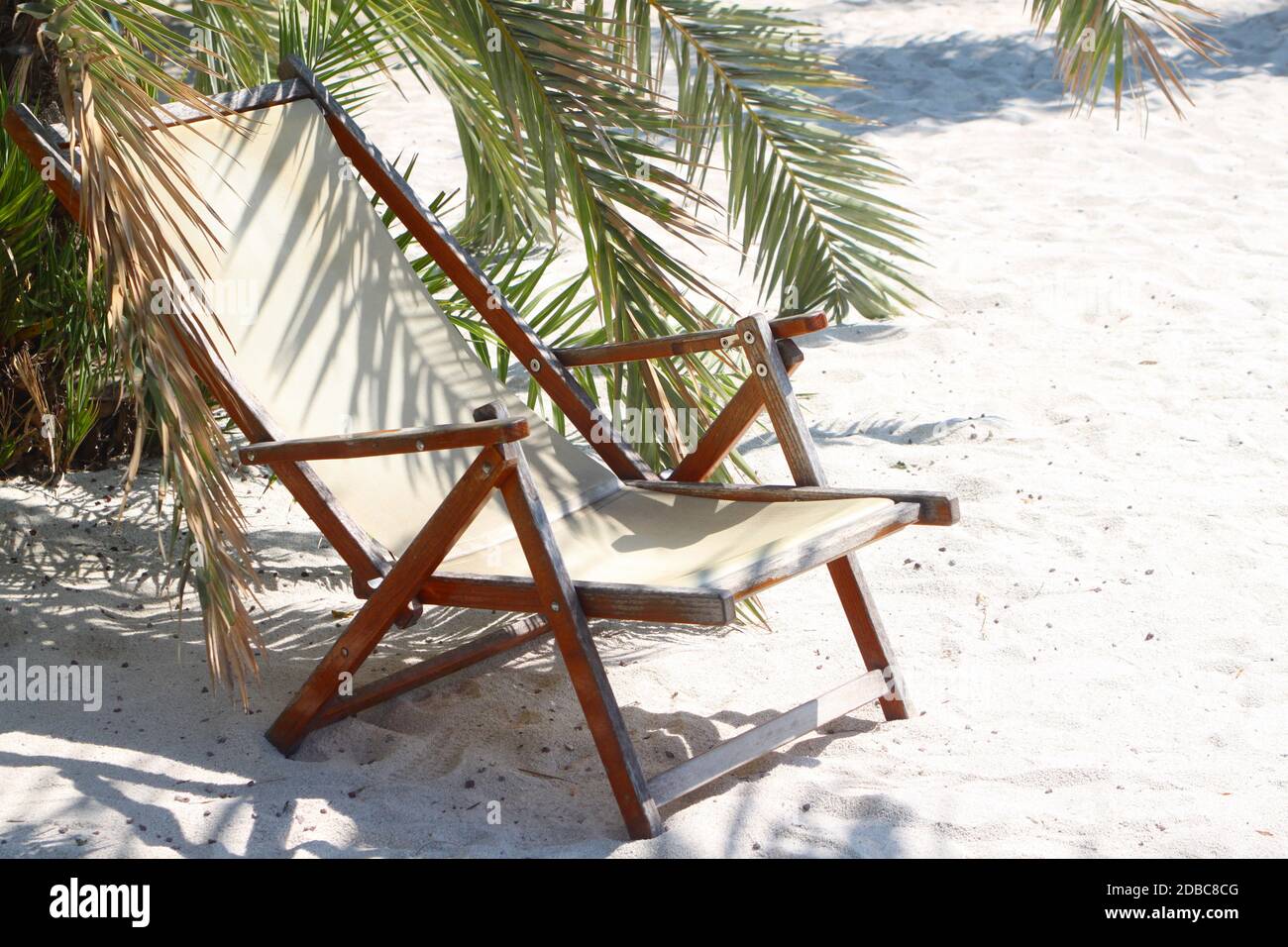 Sedia a sdraio sotto una palma su una spiaggia di sabbia Foto Stock