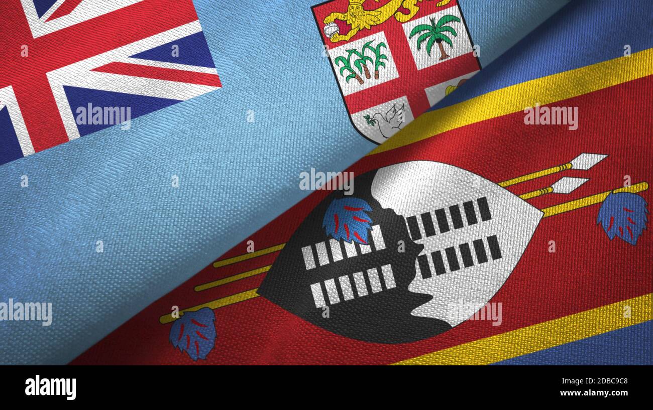 Fiji ed Eswatini Swaziland due bandiere tessuto Foto Stock