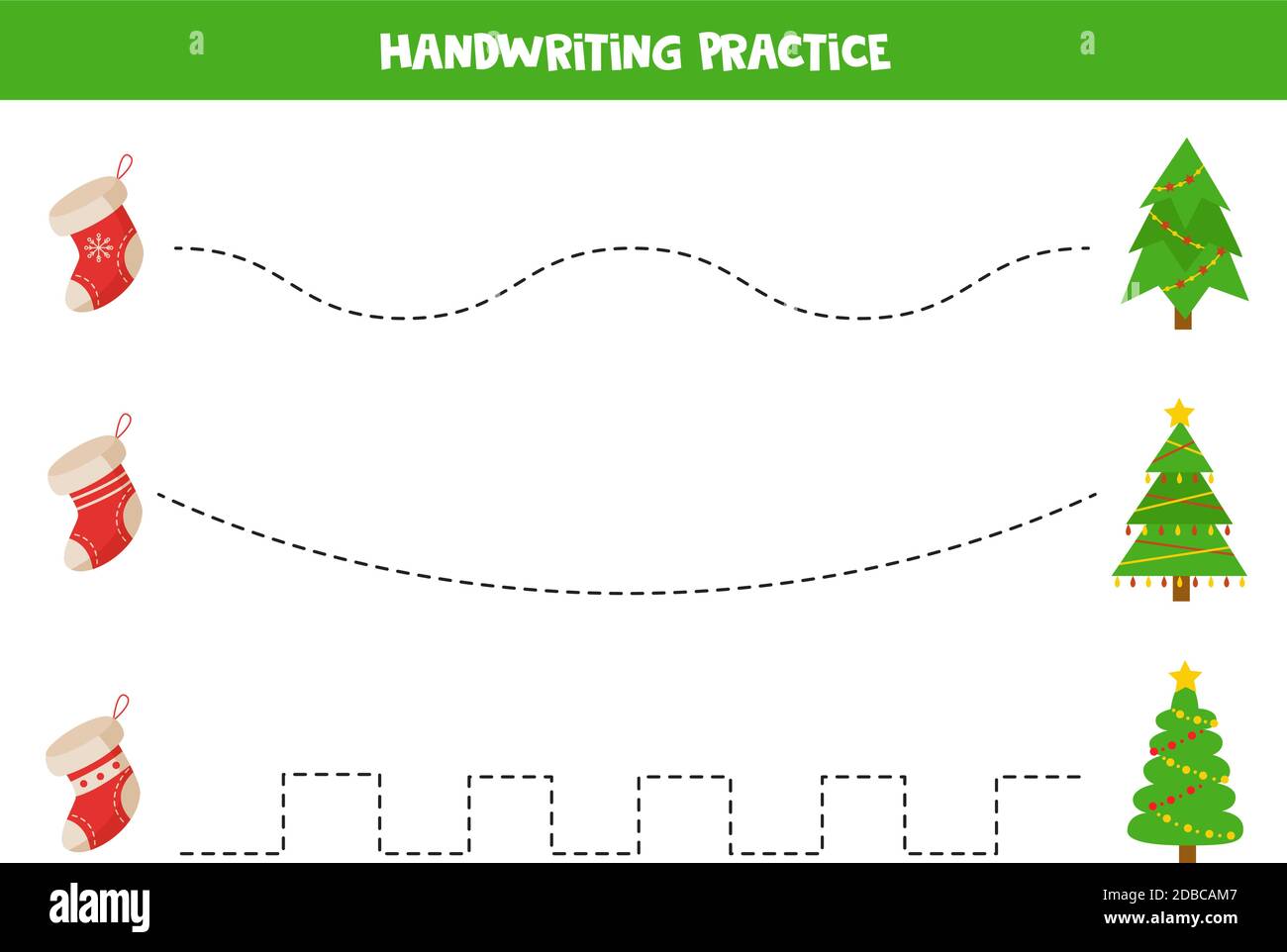 Tracciate le linee tra calze natalizie e abeti. Illustrazione Vettoriale