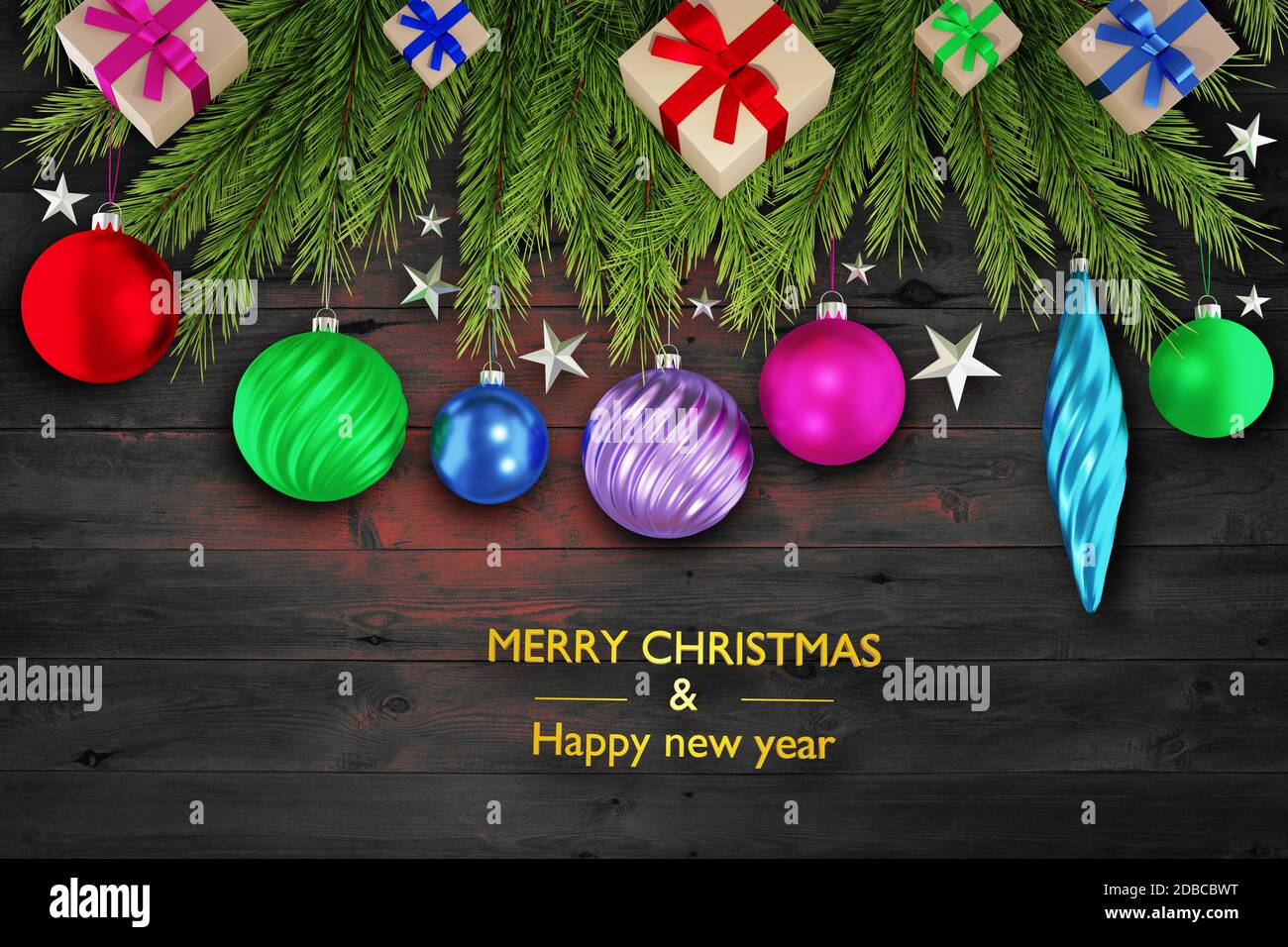 Biglietto d'auguri di Natale di Capodanno con rami di abete, palle, stelle di icicles sfondo in legno. Illustrazione 3D Foto Stock
