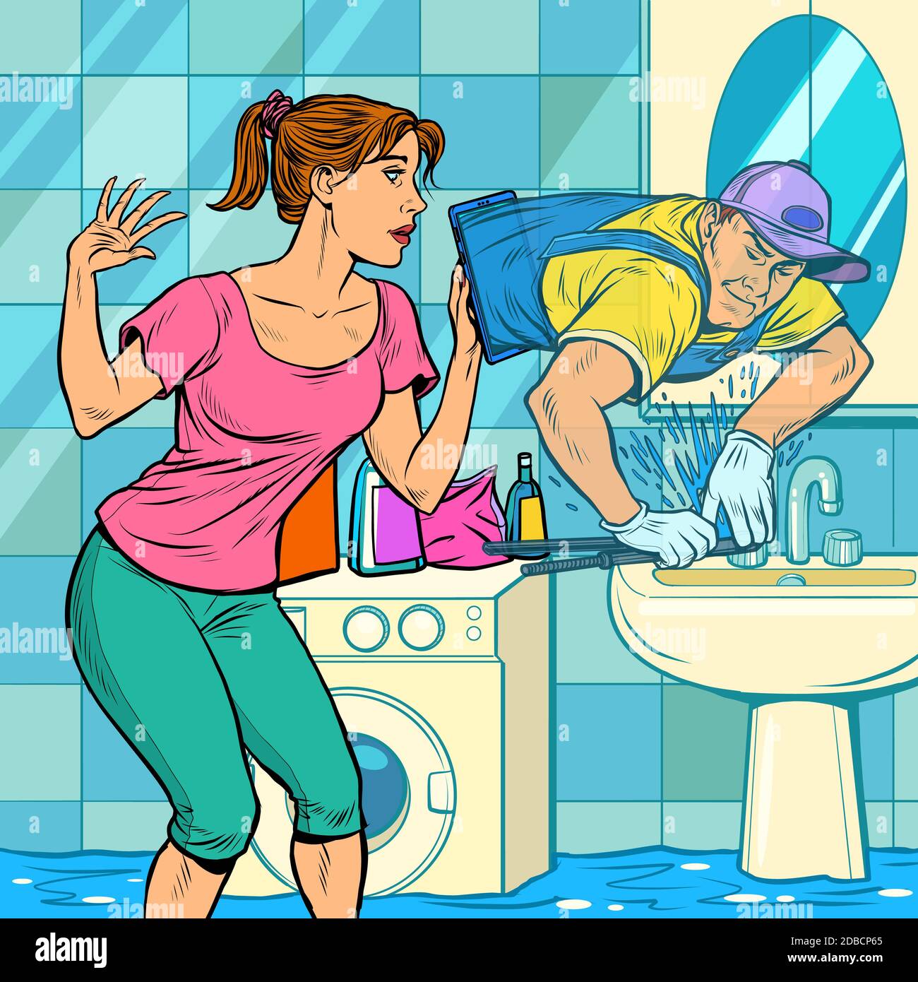 aiuto in linea di lavoro remoto. un idraulico maschio corregge una perdita. Pop art retrò vettoriale illustrazione kitsch vintage anni '50 anni '60 stile Foto Stock