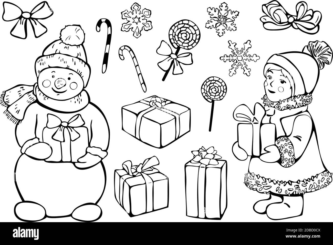 Insieme di illustrazioni vettoriali di articoli relativi a Natale. Pupazzo di neve, regali, capretto con confezione regalo, lecca, caramelle e bowknot. Tema del nuovo anno. Illustrazione Vettoriale