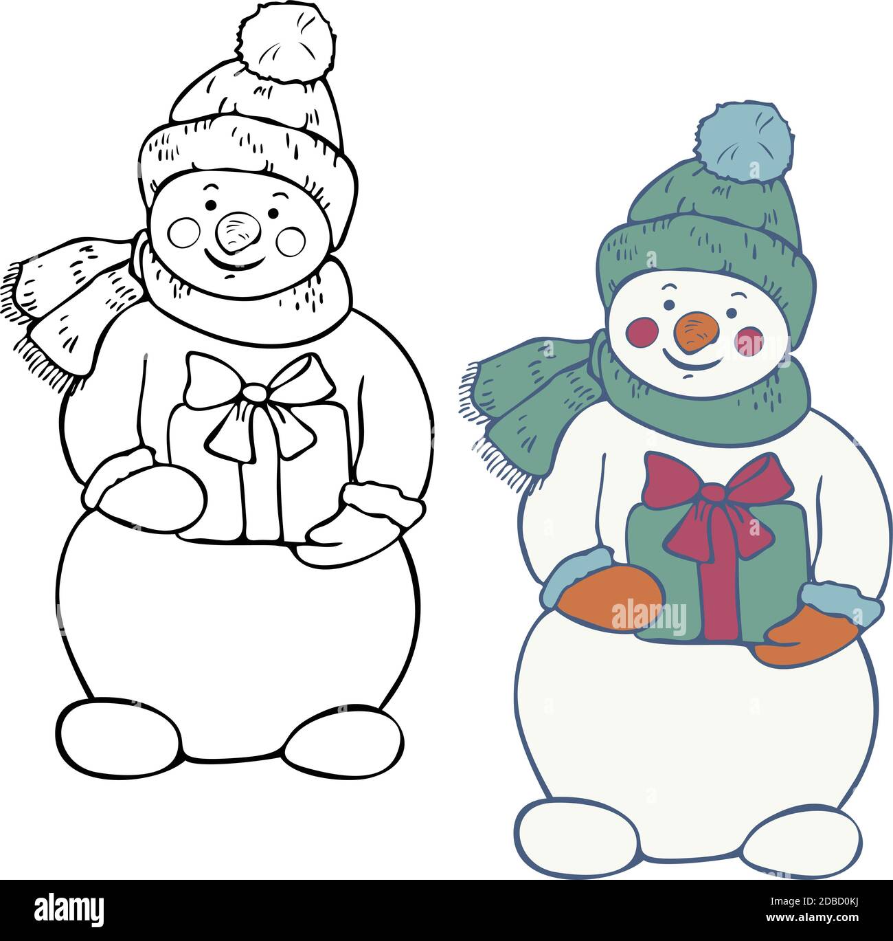 Illustrazione vettoriale di pupazzi di neve in bianco e nero e colorati con regali. Inverno Natale pupazzo di neve. Illustrazione Vettoriale