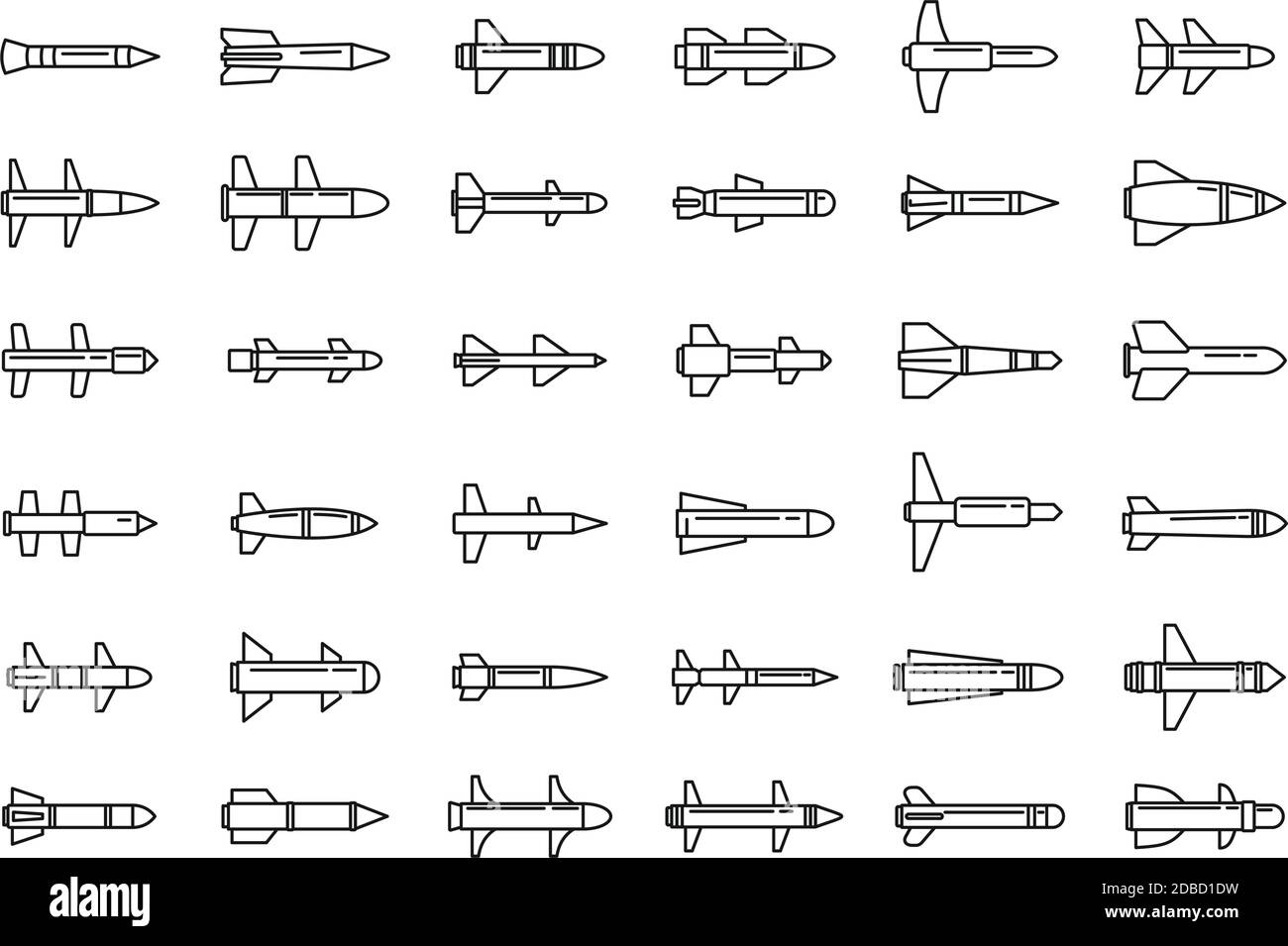 Set di icone di attacco missilistico aereo, stile contorno Illustrazione Vettoriale