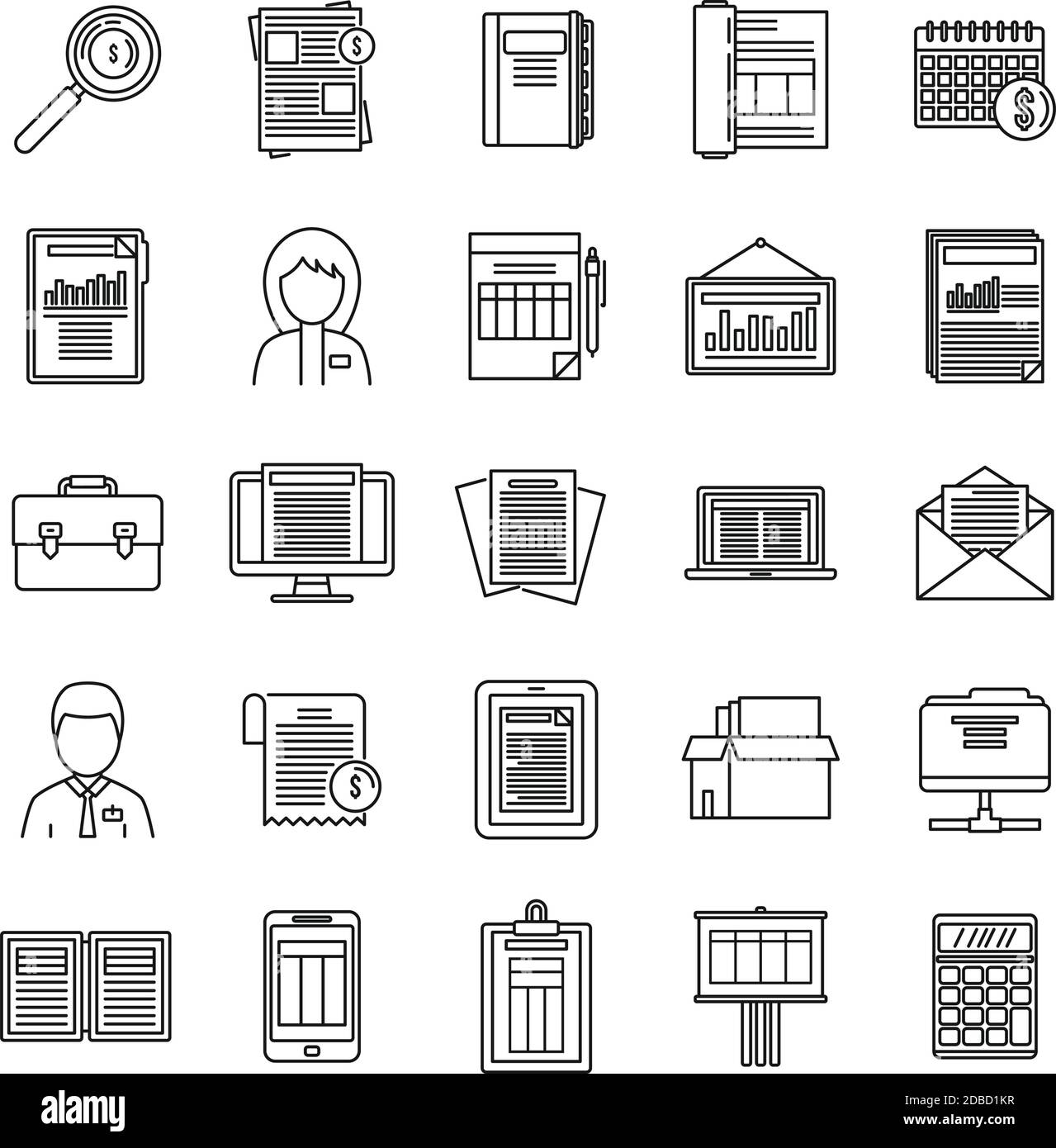 Set di icone di processo dello stimatore, stile del contorno Illustrazione Vettoriale