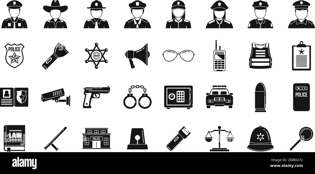Set di icone di polizia della città, stile semplice Illustrazione Vettoriale