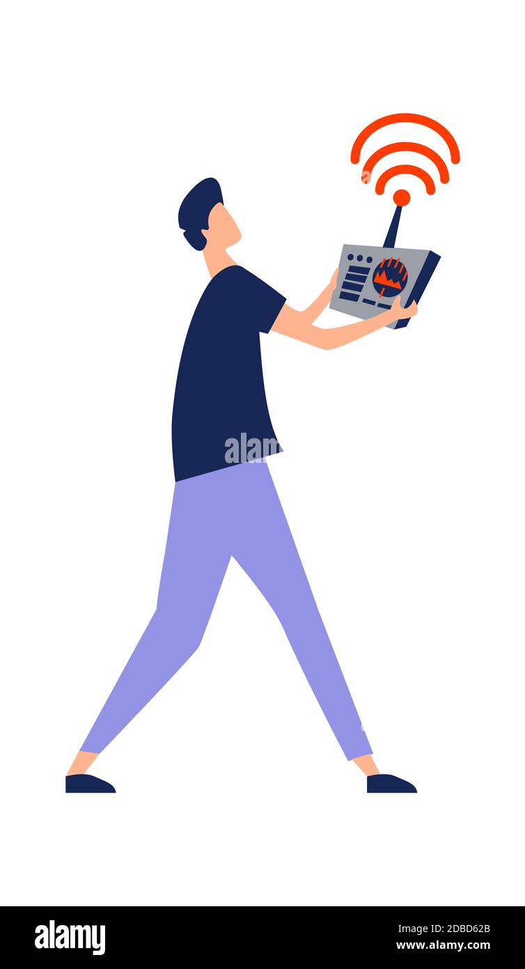 Icona di un uomo con un telecomando in mano, che controlla un fumetto fumetto illustrazione vettoriale isolato su bianco Illustrazione Vettoriale