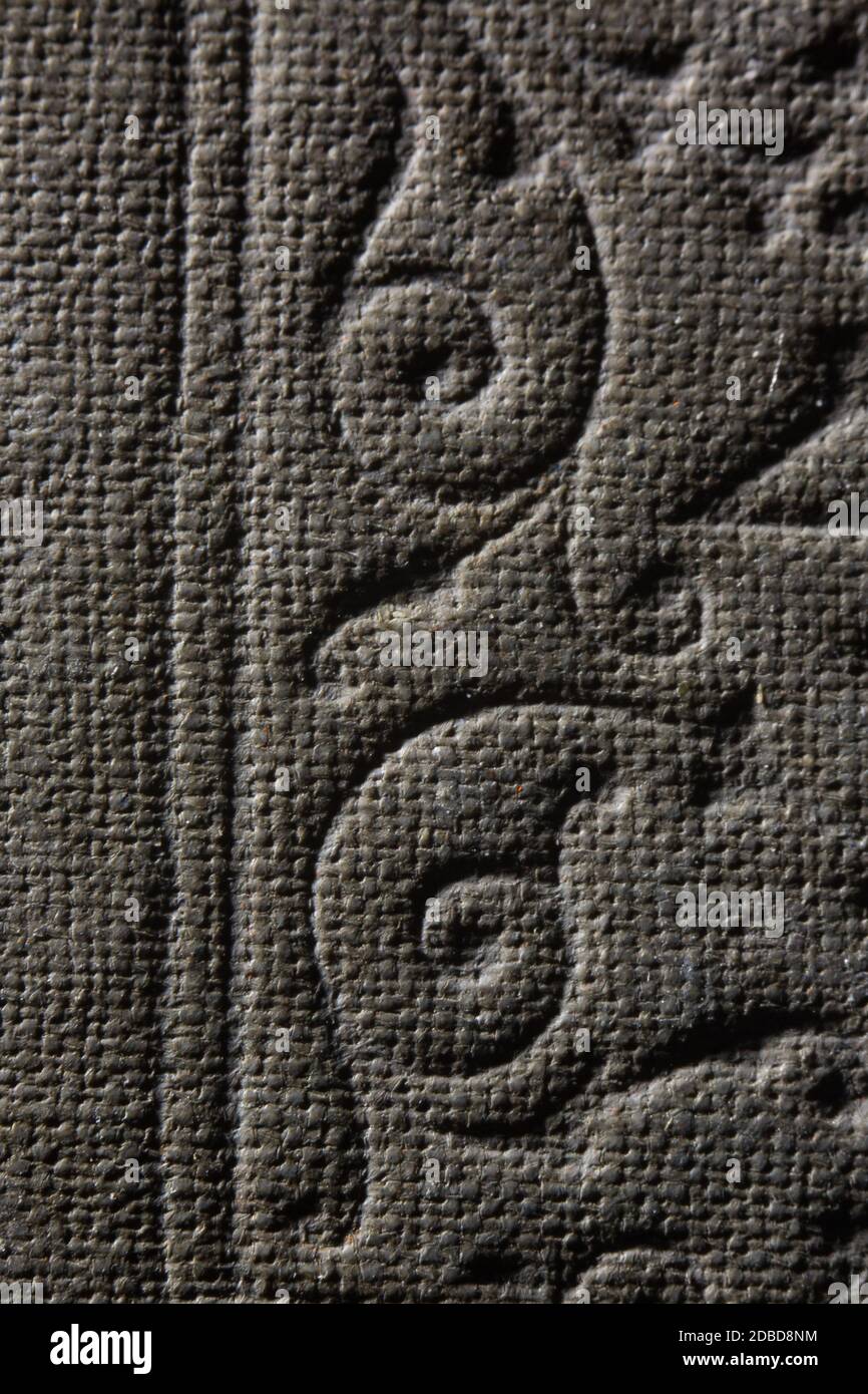 Macro di copertina del libro d'epoca con ornamento di fiori. Saggezza, istruzione o concetto di riparazione del libro. Foto Stock