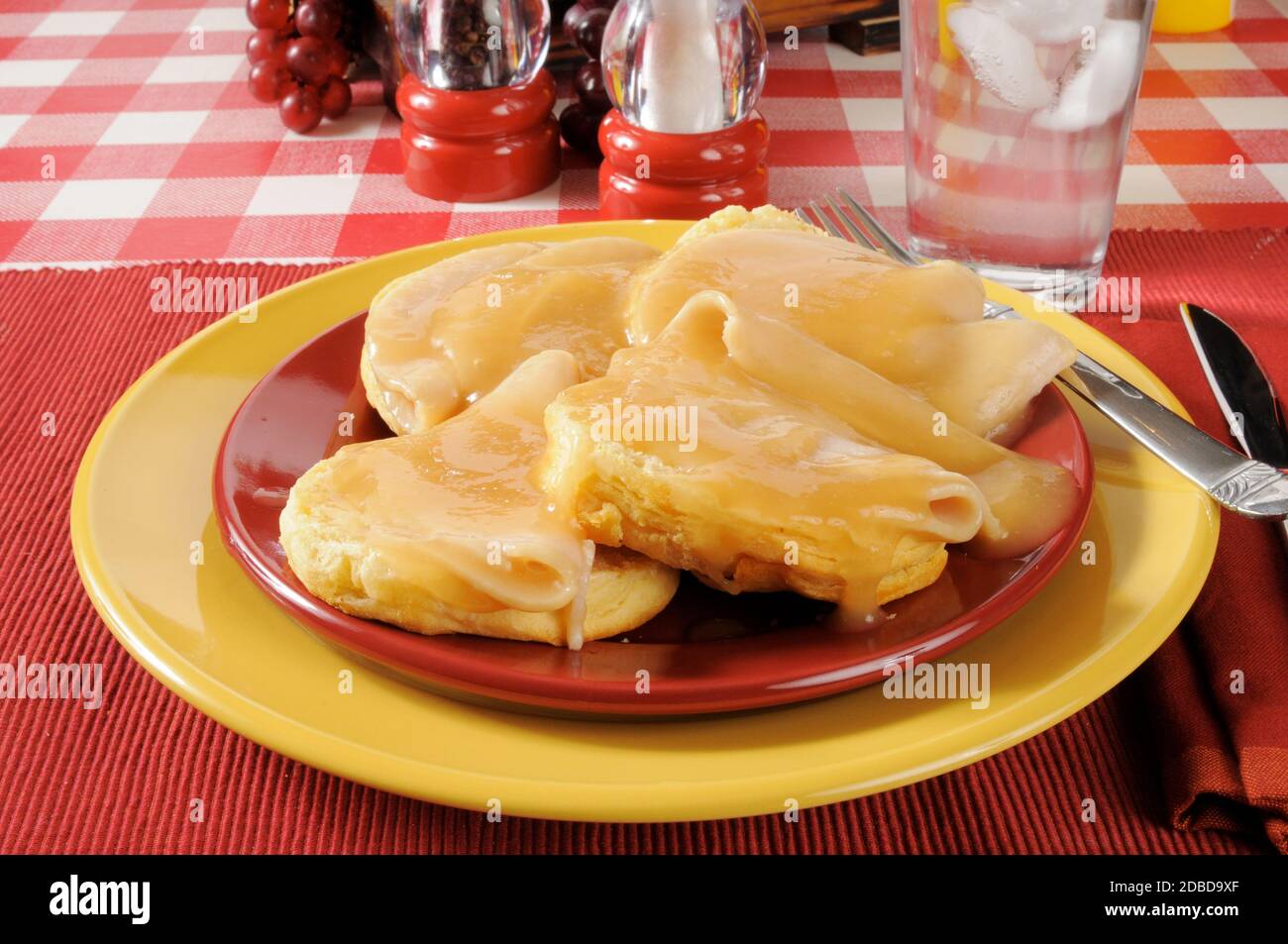 Biscotti al latticello con tacchino a fette o pollo con sugo di carne Foto Stock