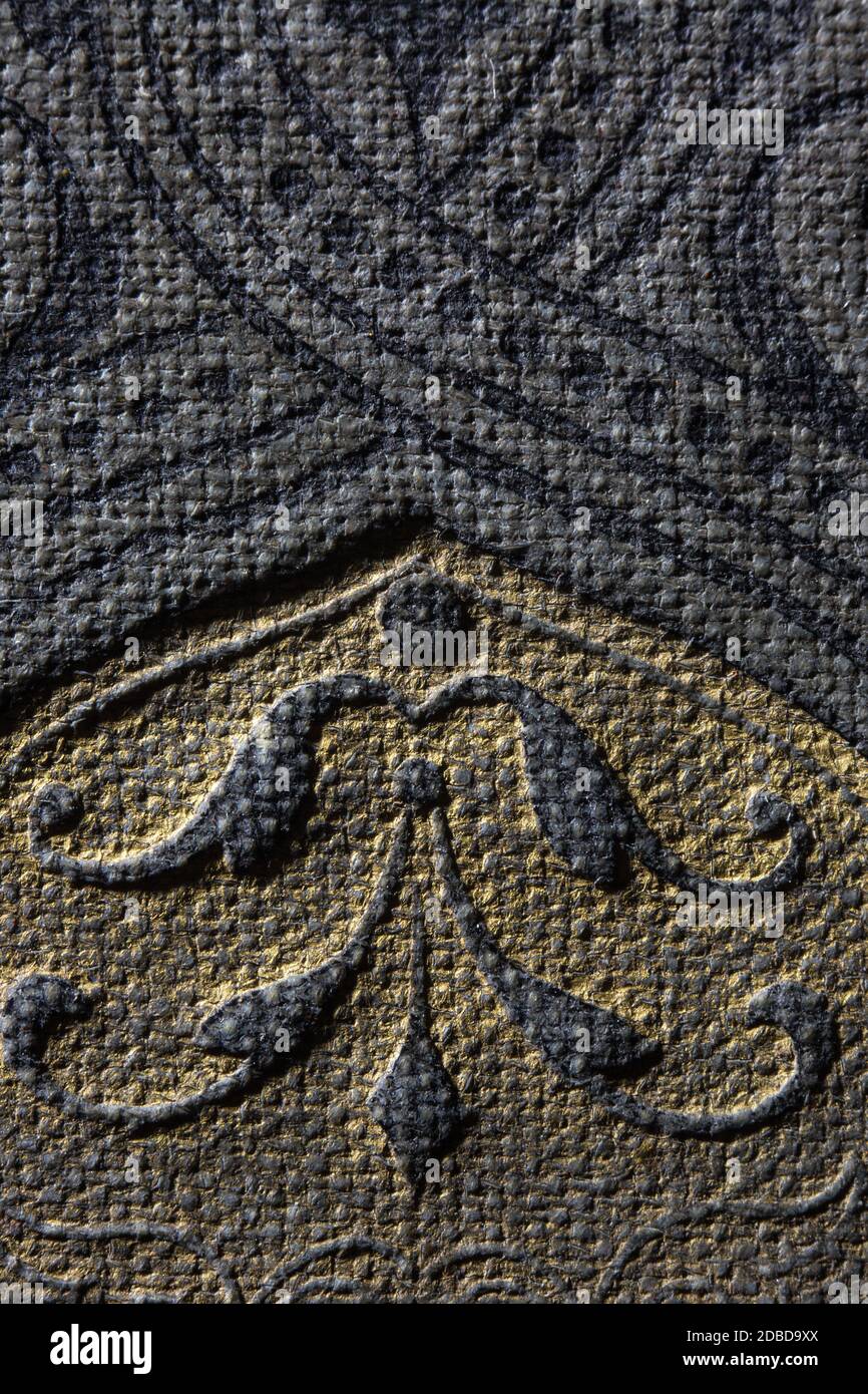 Macro di copertina del libro d'epoca con ornamento di fiori. Saggezza, istruzione o concetto di riparazione del libro. Foto Stock