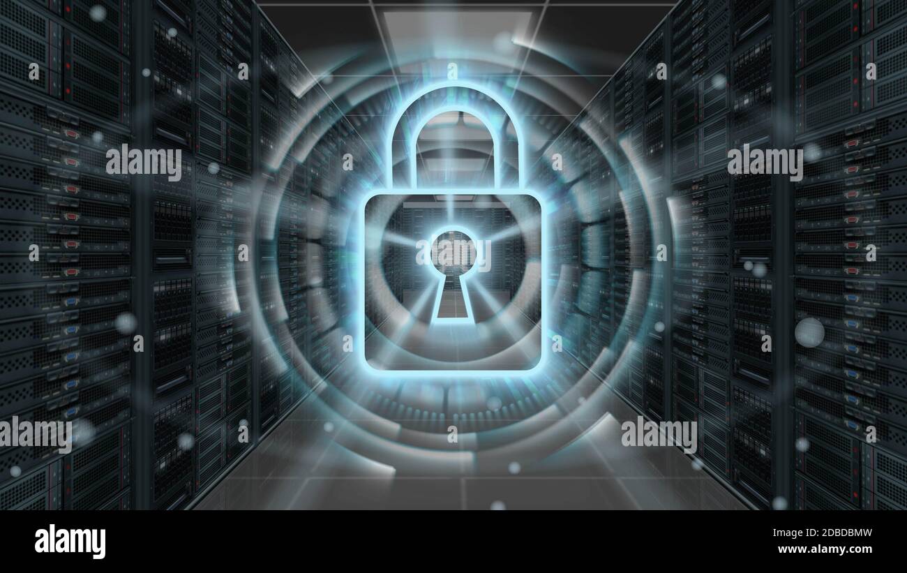 Ologramma di sicurezza digitale con lucchetto nella sala server - sicurezza informatica o protezione della rete Foto Stock