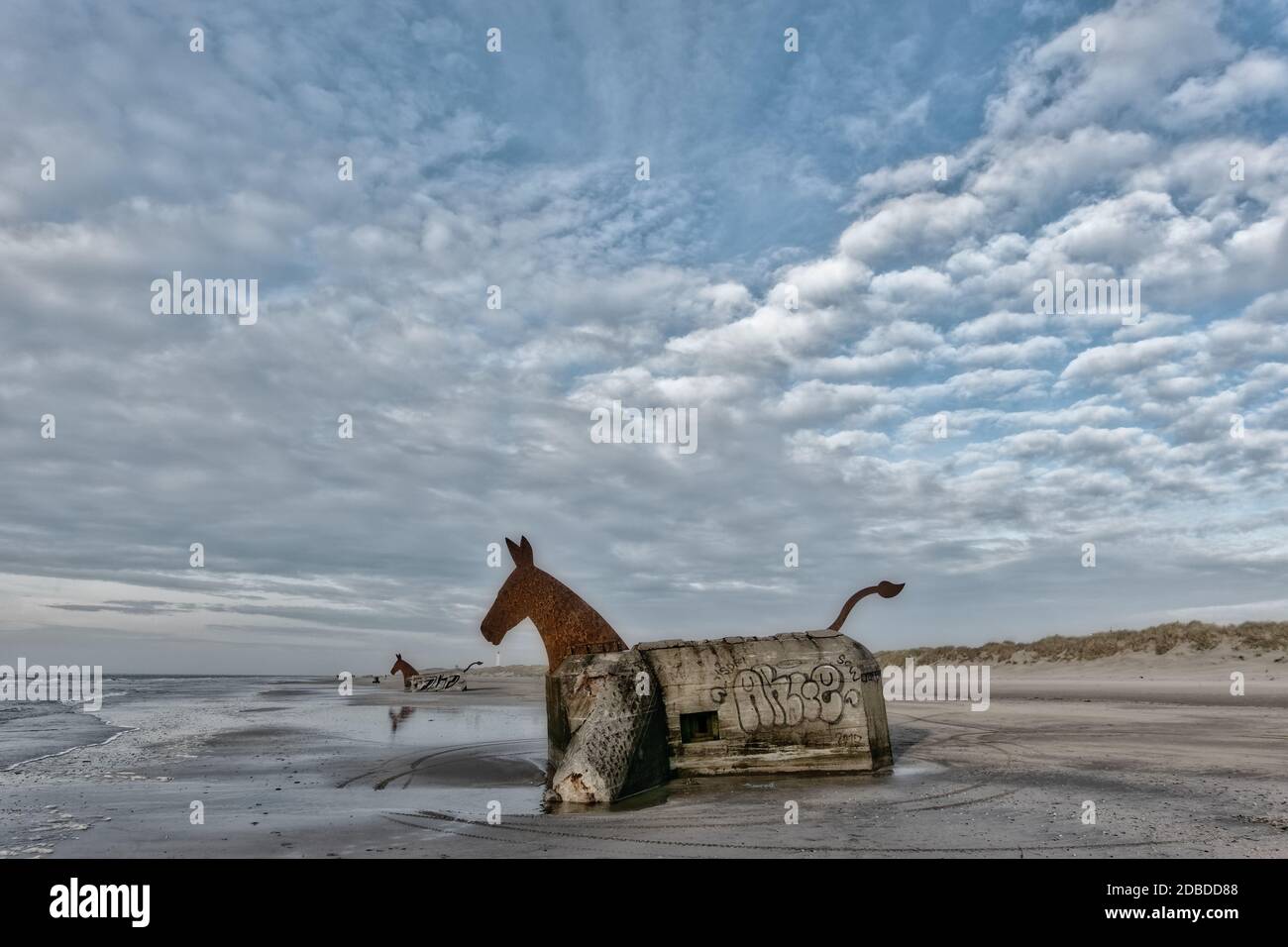 Cavalli bunker di Jules sulla spiaggia di Blaavand, costa del Mare del Nord, Danimarca Foto Stock