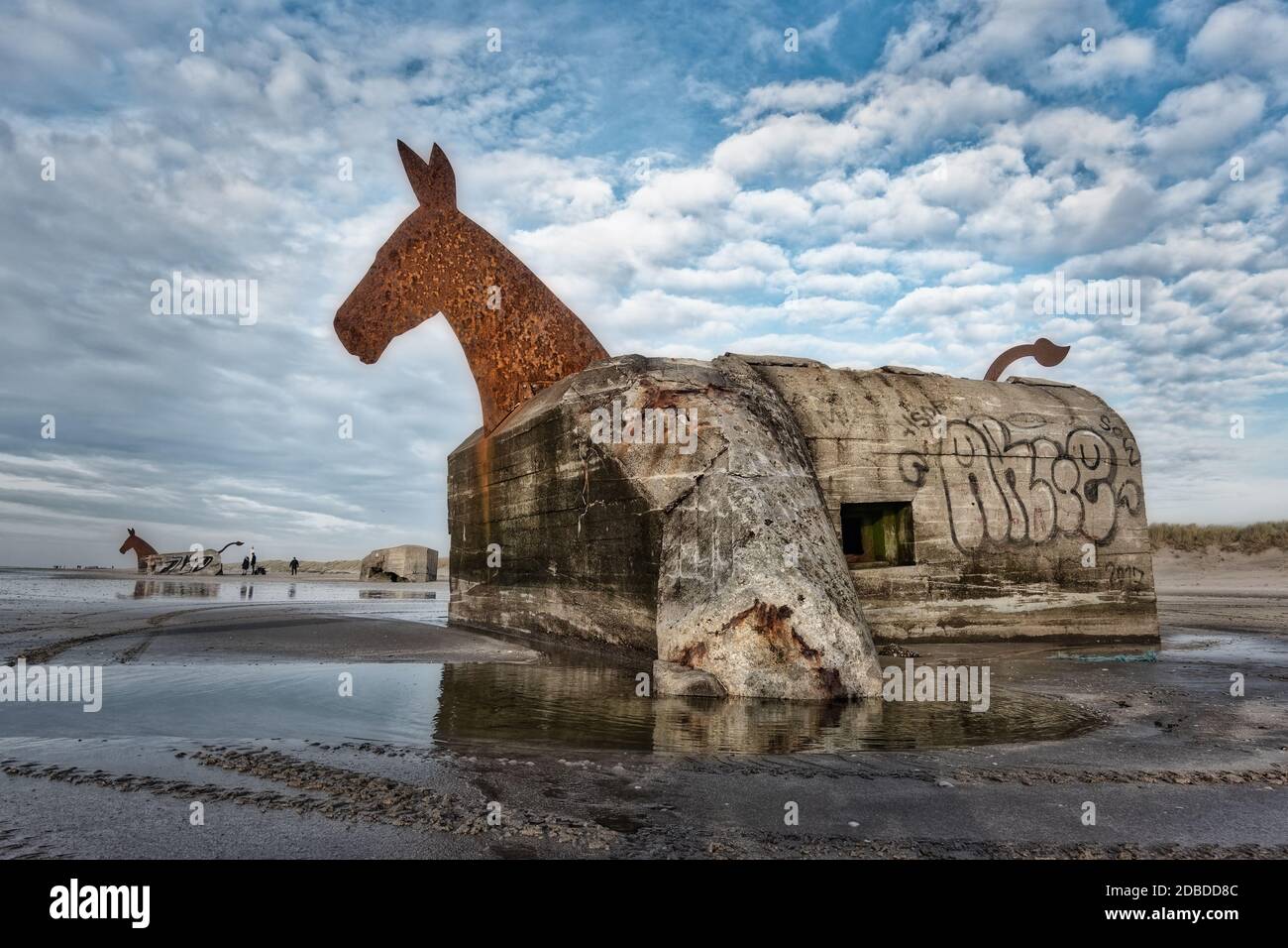 Cavalli bunker di Jules sulla spiaggia di Blaavand, costa del Mare del Nord, Danimarca Foto Stock
