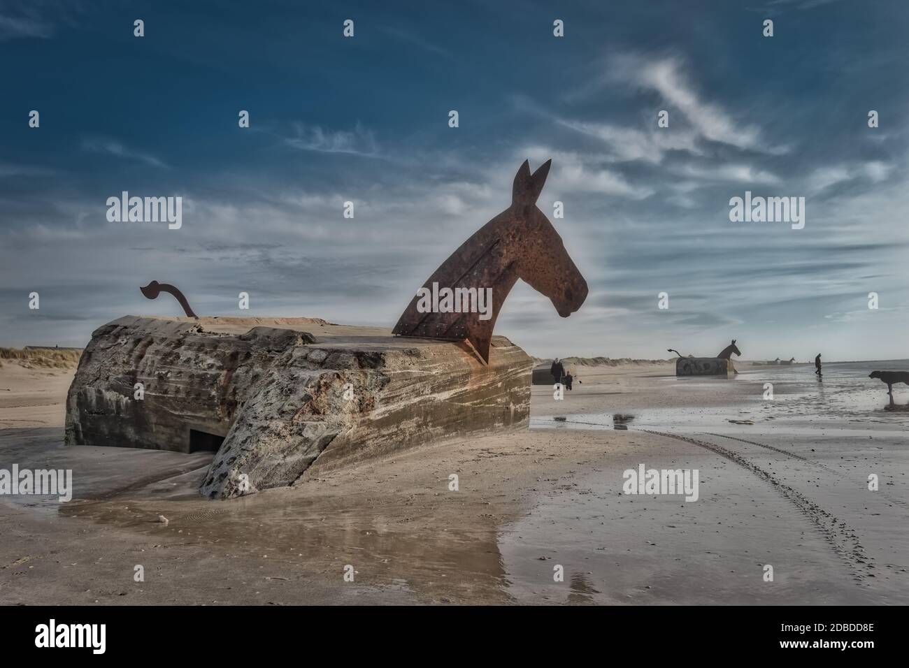 Cavalli bunker di Jules sulla spiaggia di Blaavand, costa del Mare del Nord, Danimarca Foto Stock