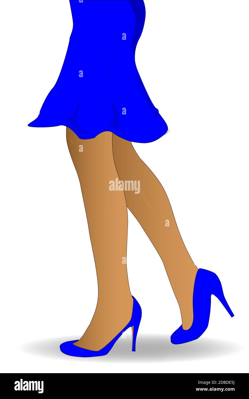 Un womans gambe camminando in alta guarisce e indossa un mantello blu. Foto Stock