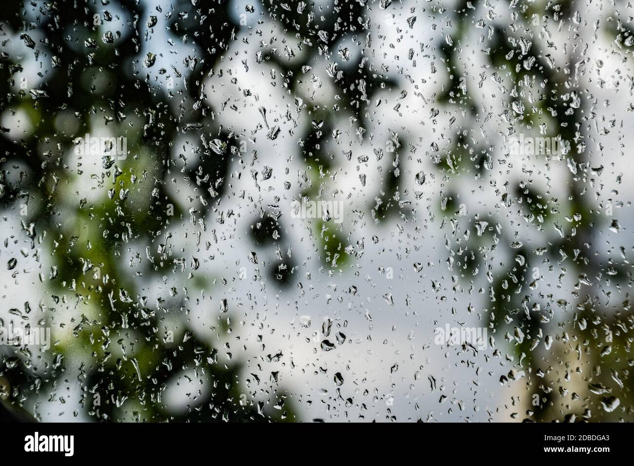 Raindrops nel riquadro della finestra. Sfondo sfocato fuori dalla finestra sotto la pioggia. Foto Stock