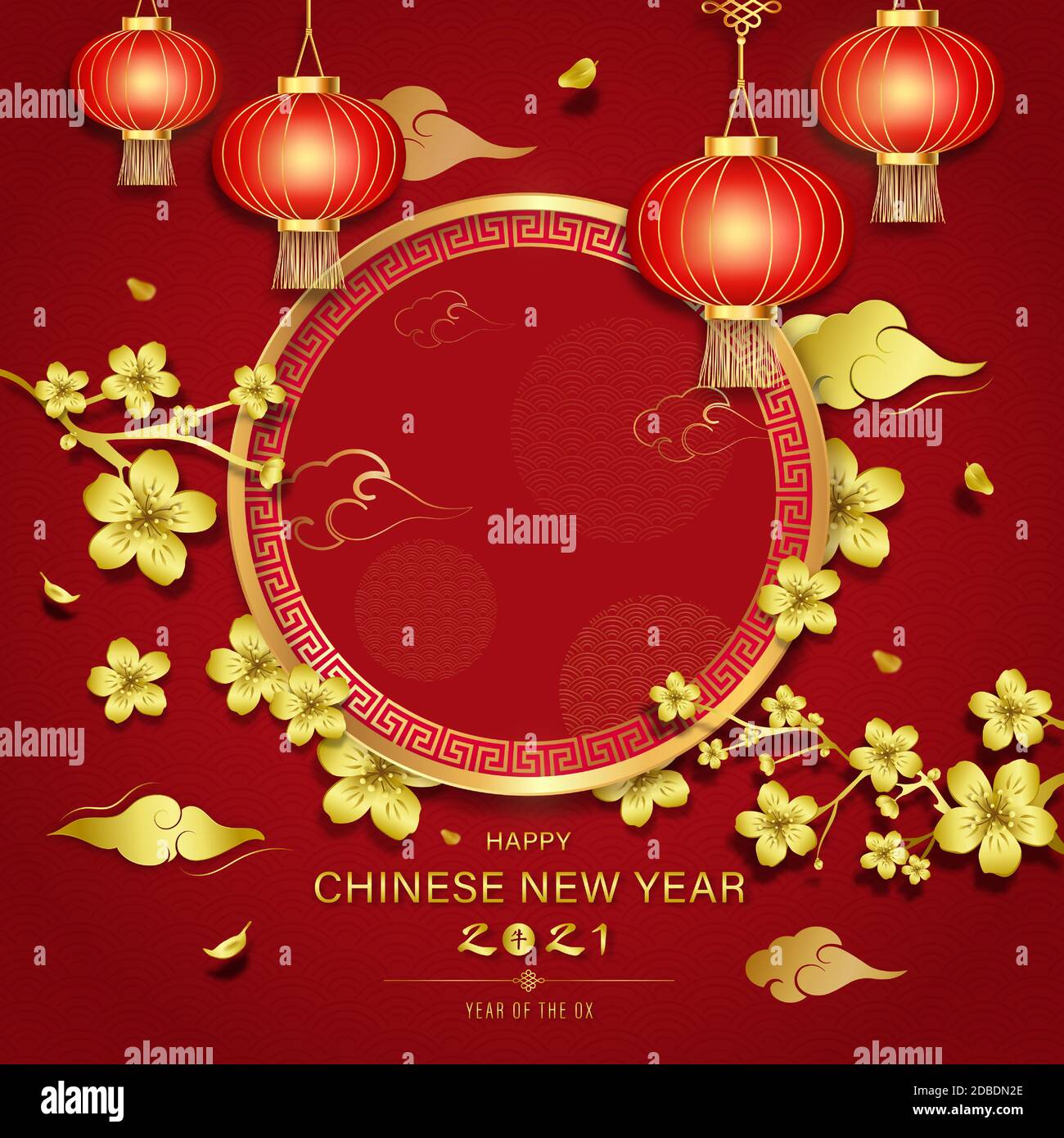 Happy Chinosi il testo di Capodanno e la lettera cinese significa bue per l'anno 2021 su sfondo rosso orientale Illustrazione Vettoriale